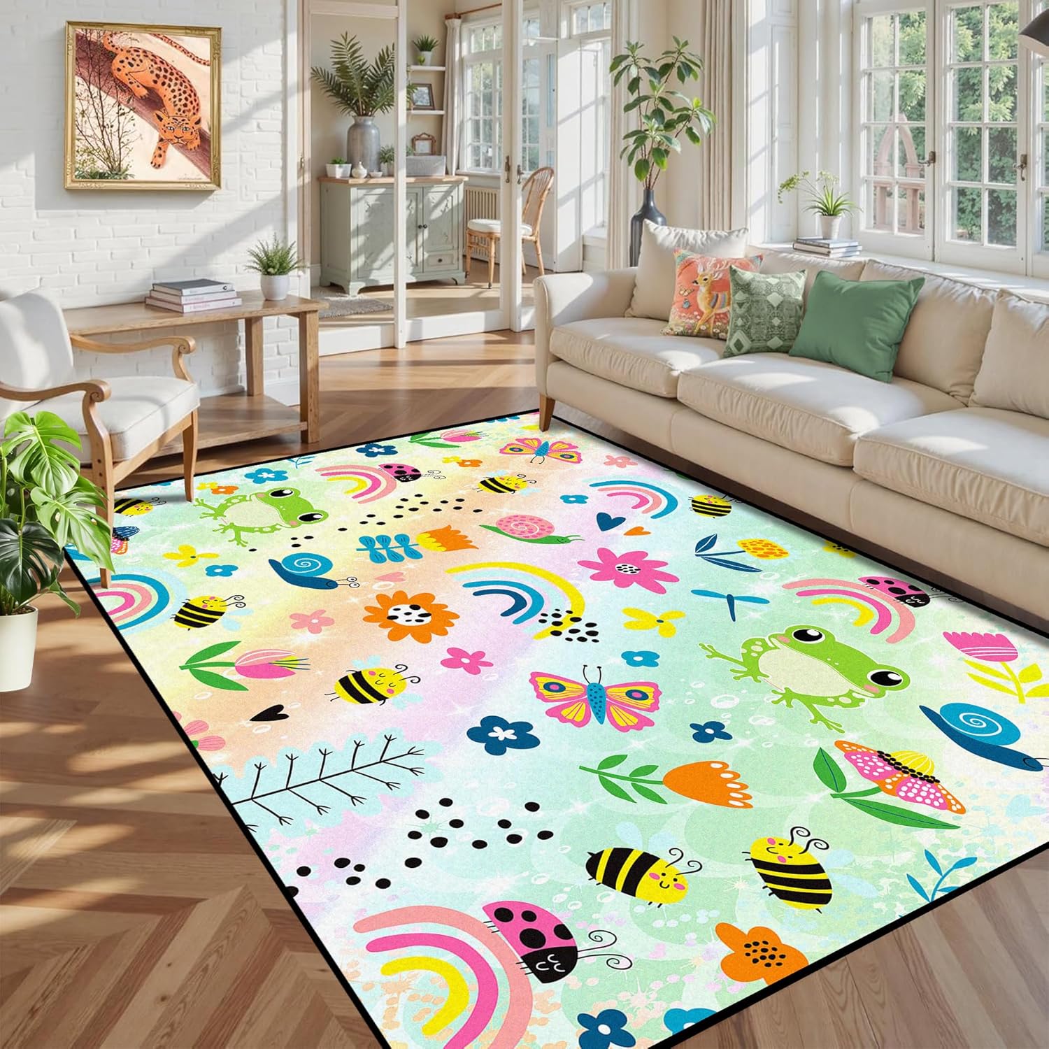 5' x 7' Cute Rainbow Rug Frog Butterfly Floral Cartoon Area Rugs for Kids Boys Girls Children Bedroom Playroom Carpet Living Room Decor Dorm Door Floor Mat