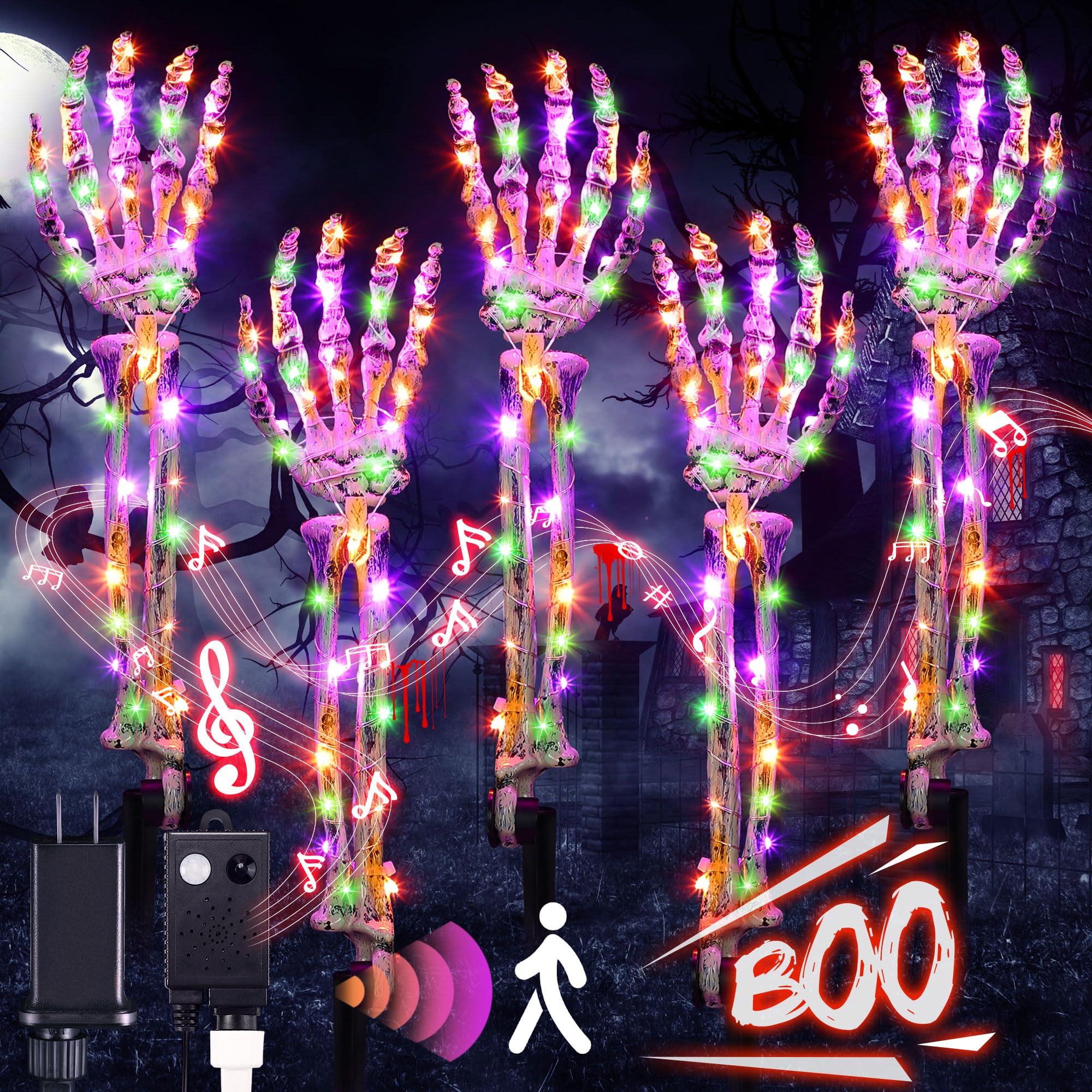 Enhon Halloween Decorations, 5 Pack Lighted Skeleton Arm Stakes with 6 Modes Music Sync Spooky Sounds, 10 ft 150 LED Waterproof Scary Halloween Party Props Outdoor Ornament (Purple, Orange, Green)