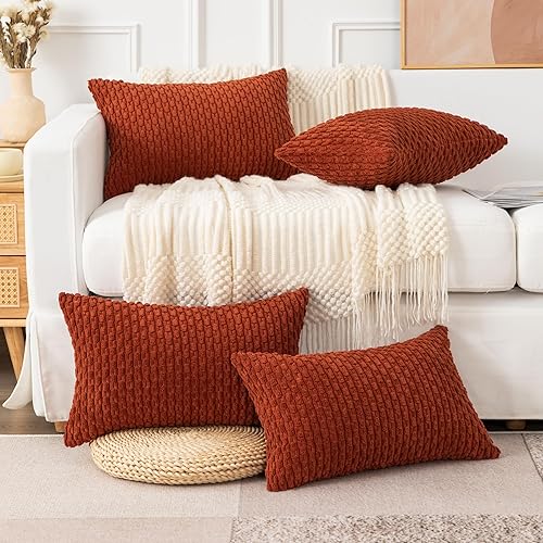 Miniatura 6 de UGASA - Juego de 4 fundas de almohada de pana suave para otoño, fundas de almohada lumbar oblongas decorativas de rayas bohemias de 12 x 20