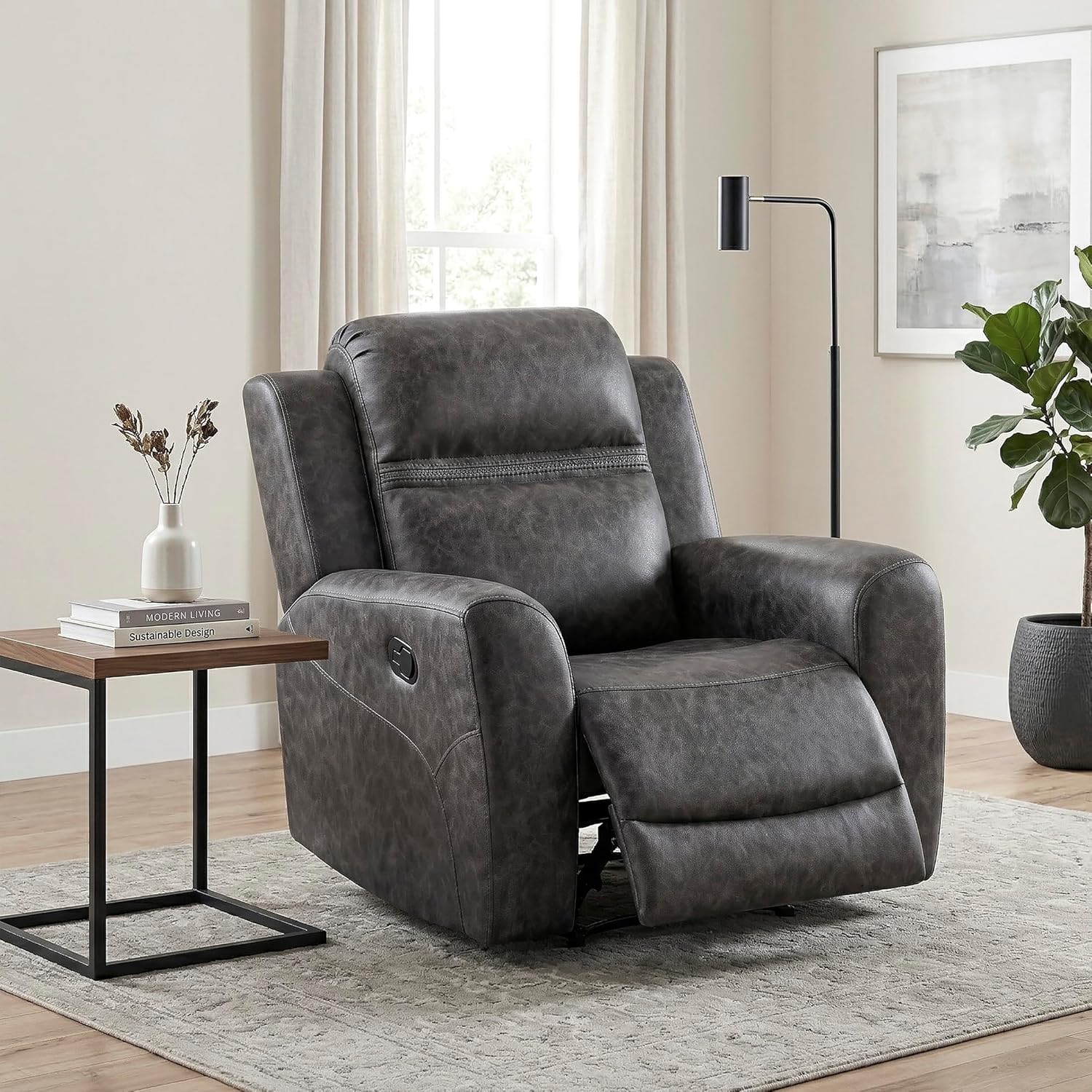 Lexicon 38" W Manual Recliner Chair - Polished Microfiber Reclining Chair, Wall Hugger, Tab Pull Reclining, Comfort Armrests, for Living Room/Theater Seating/Apartment, Easy Assembly, Charcoal