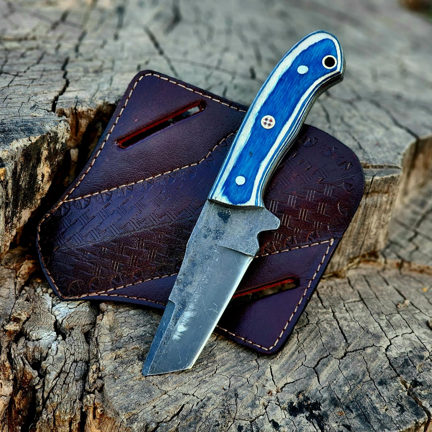 Wolf Cut Handmade Damascus Bull cutter knife lineman hawkbill knife Outdoor Hunting knife, 7.5" inch EDC Fixed blade electrician Knife, Cowboy knife, Utility Knife With Classic Pancake leather Sheath (Orange & White)