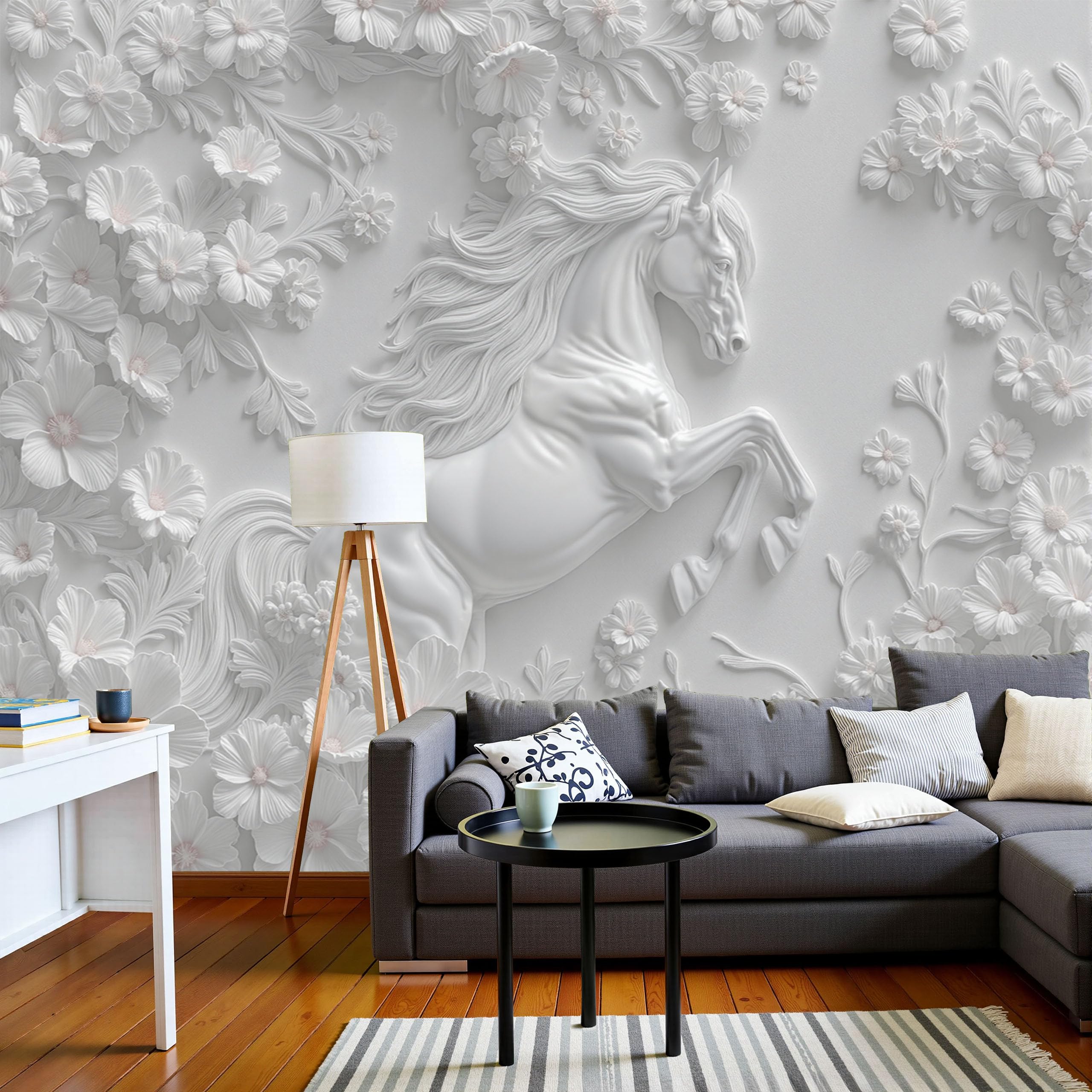 Papier peint élégant cheval en relief blanc fresque murale de luxe 350cm