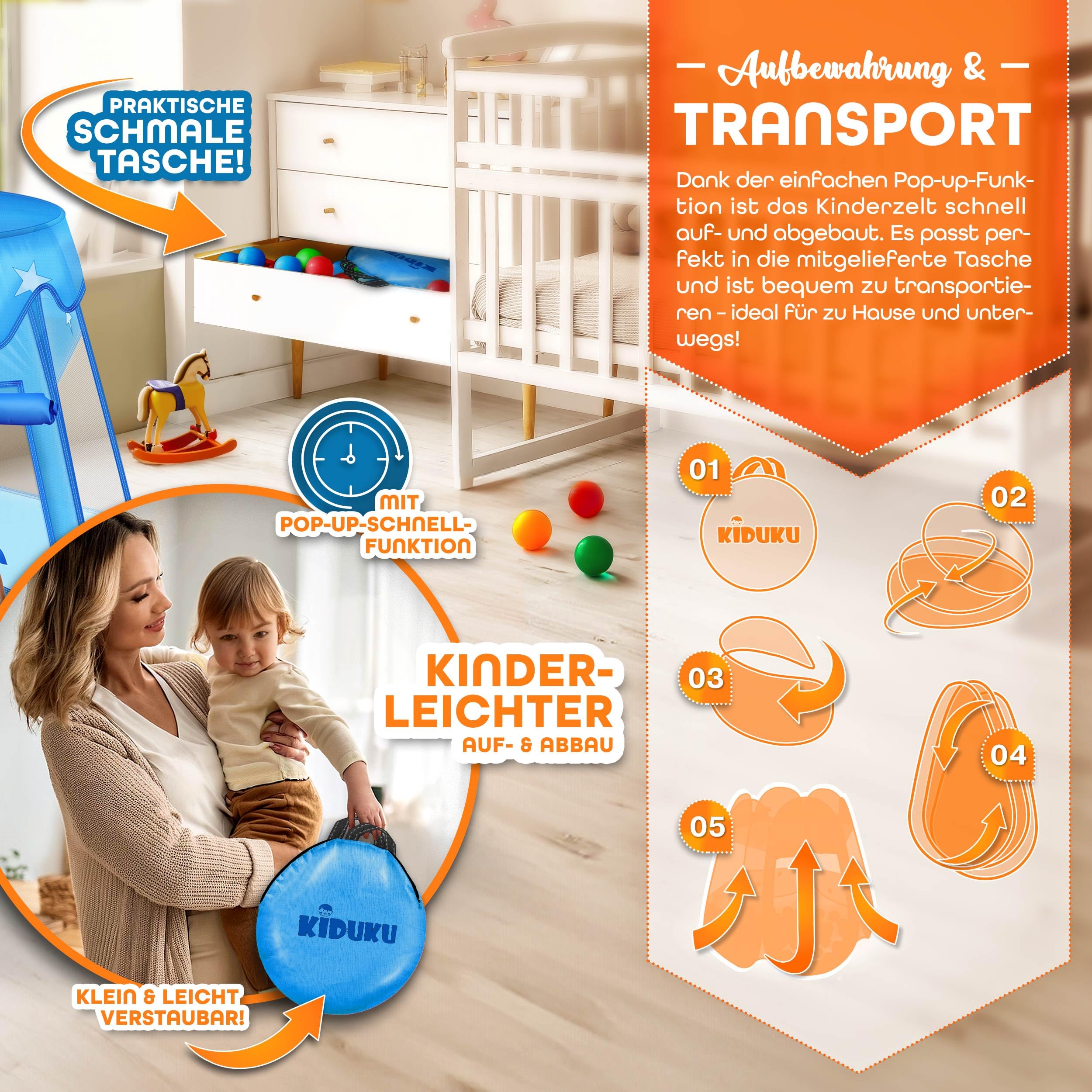 KIDUKU® Kinderspielzelt + 100 Bälle + Tasche Spielhaus Bällebad Schloss für drinnen und draußen (Blau)