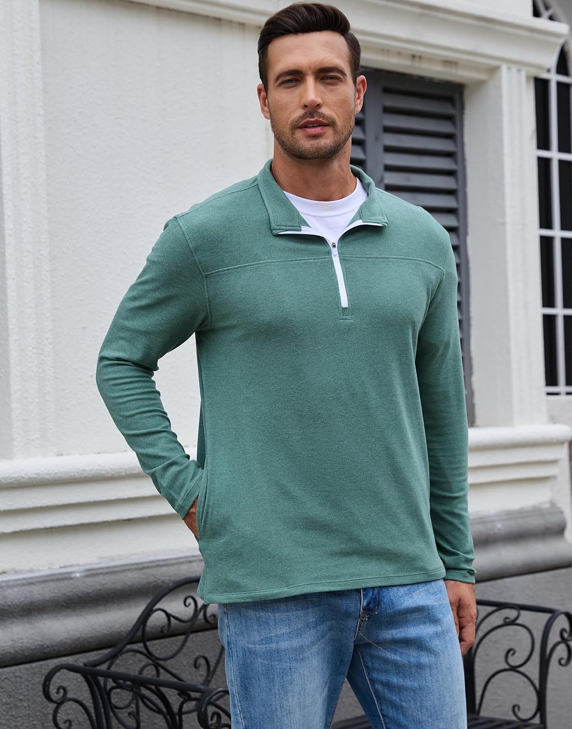 M MOTEEPI Mens Fleece Quarter Zip Up Pullover Sweater Slim Fit Lightweight Mock Neck Long Sleeve Sweaters For Men - Image 3