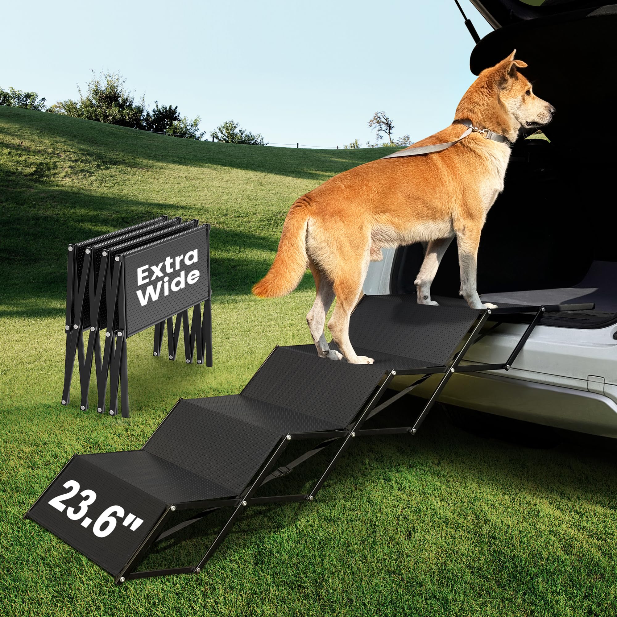 Photo 1 of Dog ramps with 23.6" Extra-Wide - Portable 4-Dog Steps with Non-Slip Surface, 250 lbs Capacity for Large Dogs, Extra-Wide Foldable Dog Ramps for Cars, SUVs, and Trucks