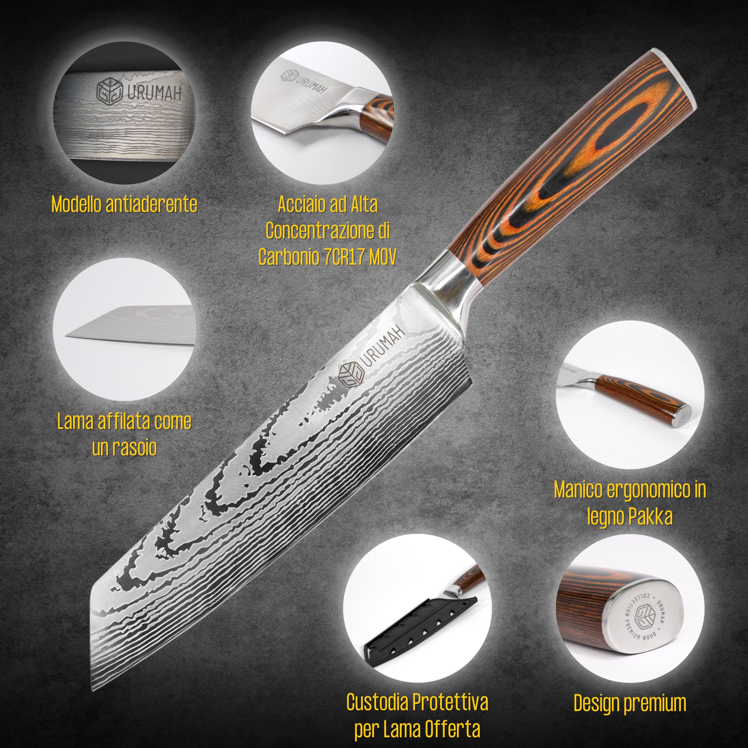 URUMAH Coltello Kiritsuke in acciaio ad alto tenore di carbonio 7CR17MoV con impugnatura in legno. Viene fornita una bella custodia regalo e fodere protettive.