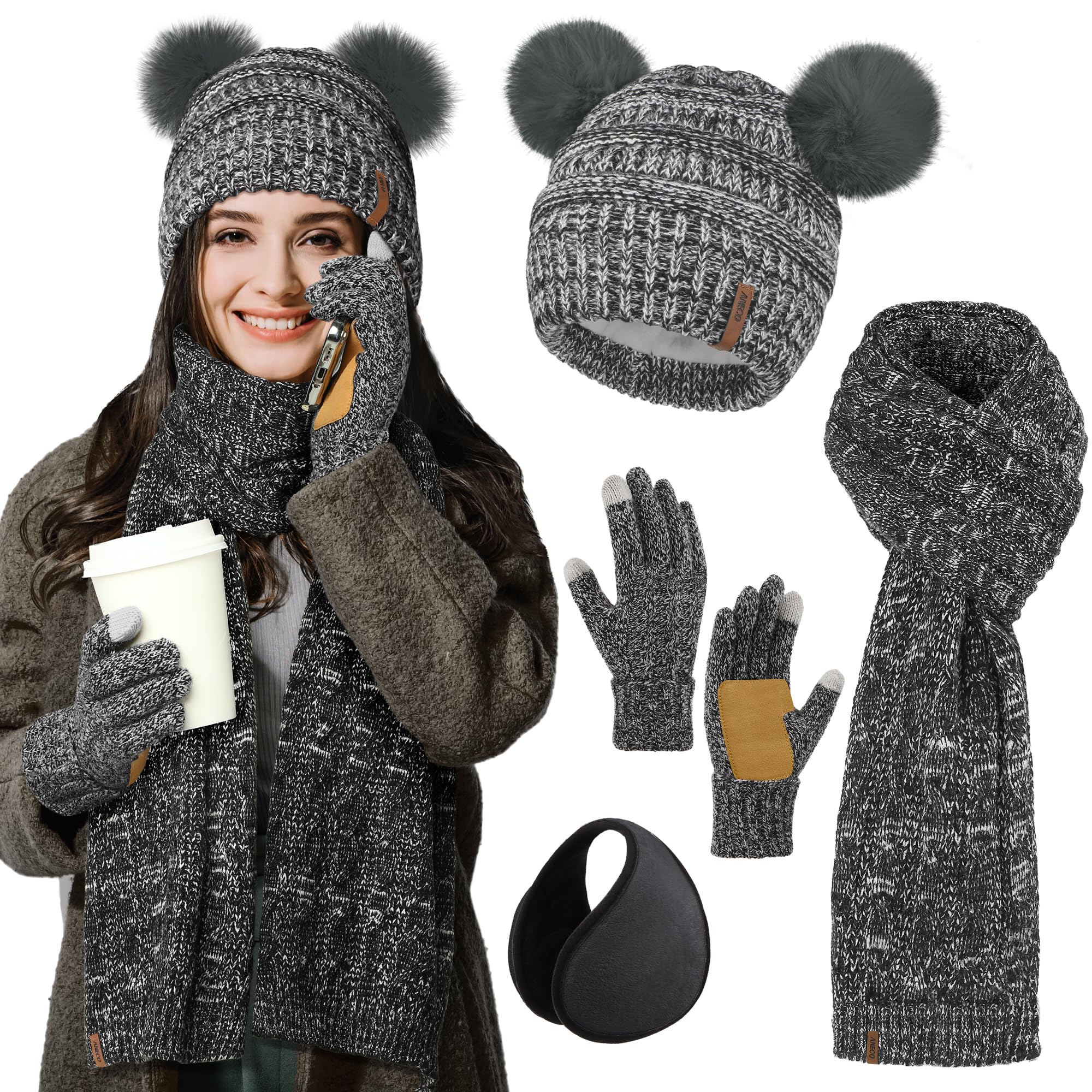 AYPOW Hat Scarf and Gloves Set Ladies, Winter knitted Beanie Hat With Thermal Fleece Lining, Elastic Warm Touch Screen Gloves Women Long Scarf 3 in 1 Cold Weather Gift Set for Outdoor