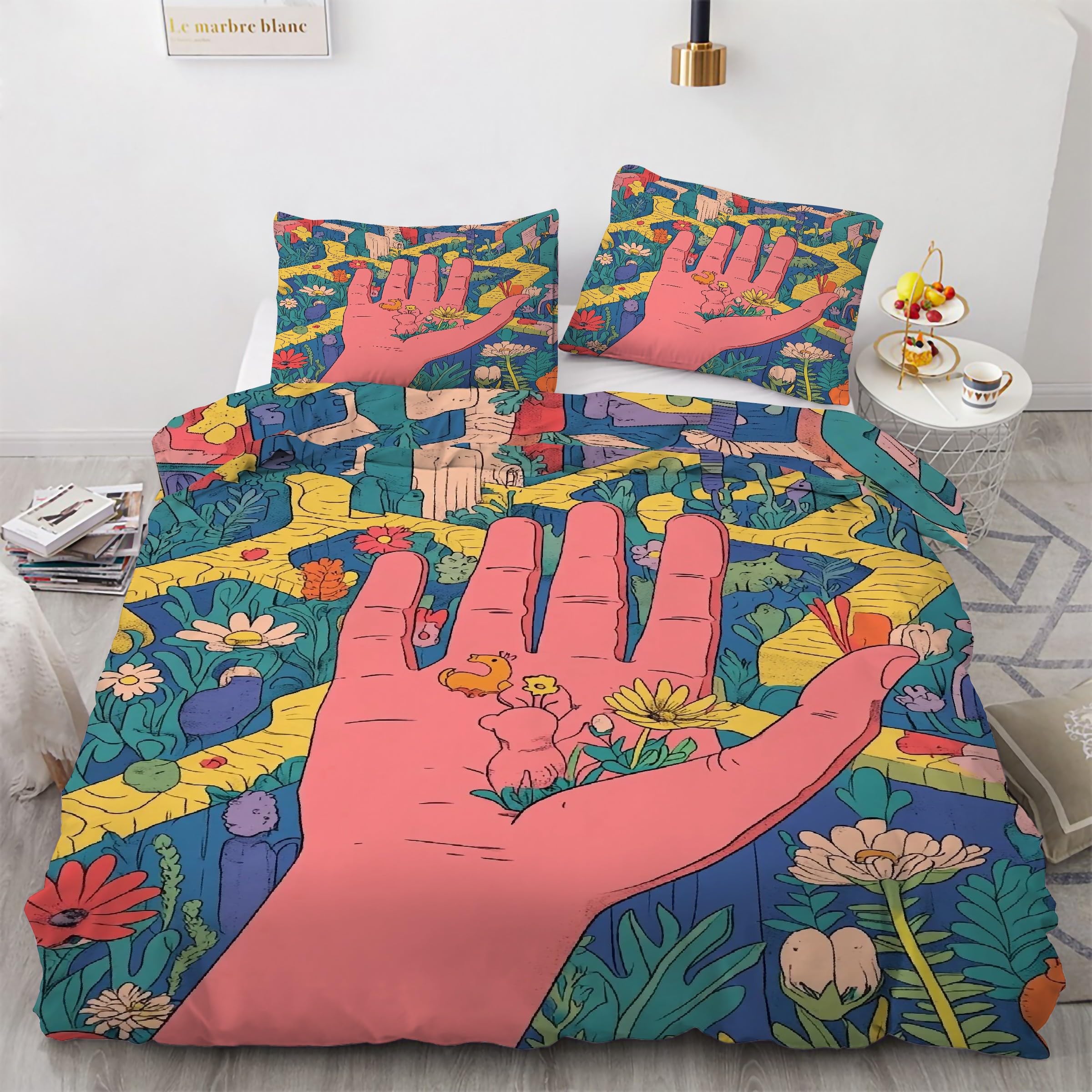 Housse de couette 240 x 260 en microfibre avec motifs fleurs et palmiers exotiques KG564