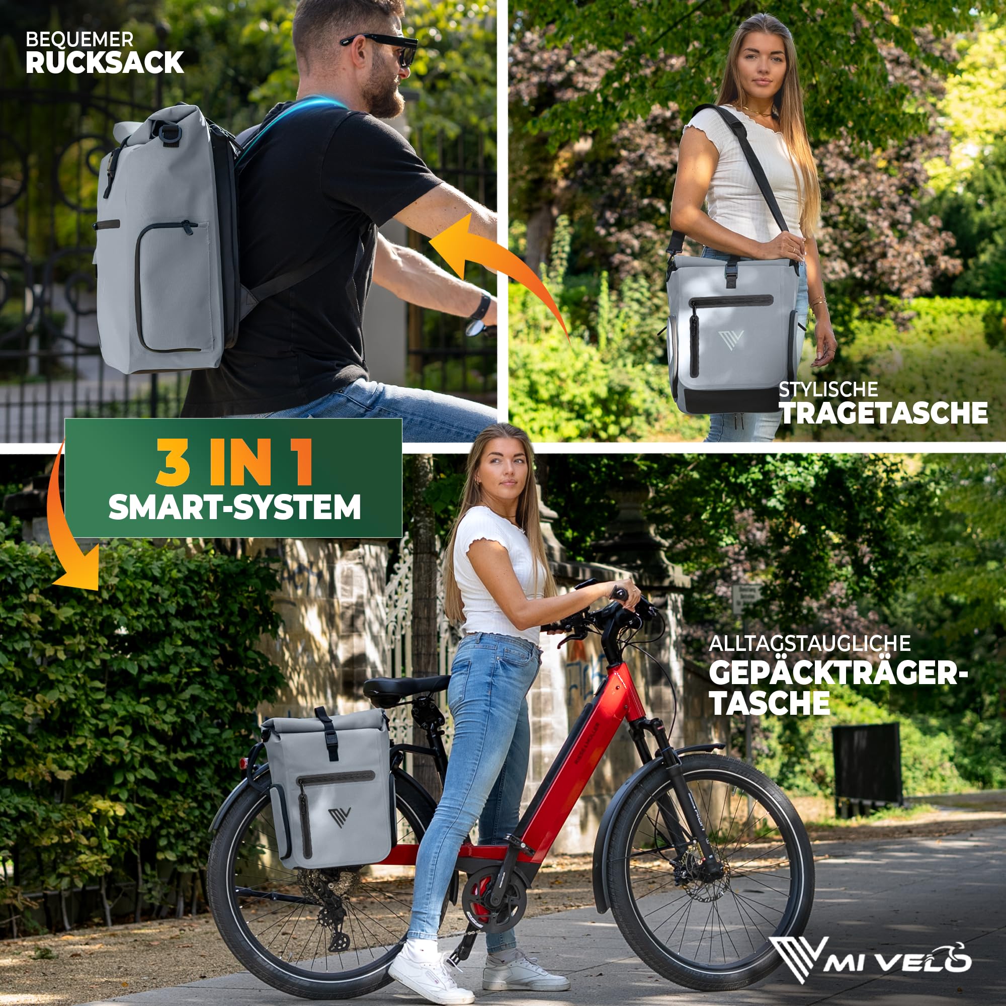MIVELO 3in1 Fahrradtasche für Gepäckträger I Rucksack & Gepäckträgertasche hinten - in 15 Sekunden umgebaut I Fahrradrucksack 100% wasserdicht I Tasche Fahrrad (Vollreflektierend, EVO 25L)