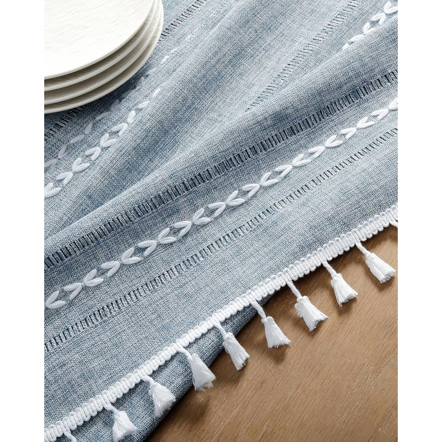 Nappe avec pompon - Nappe brodée - Imitation coton et lin - Pour cuisine, salle à manger, fête, vacances, Noël - Jaune - 100 x 160 cm