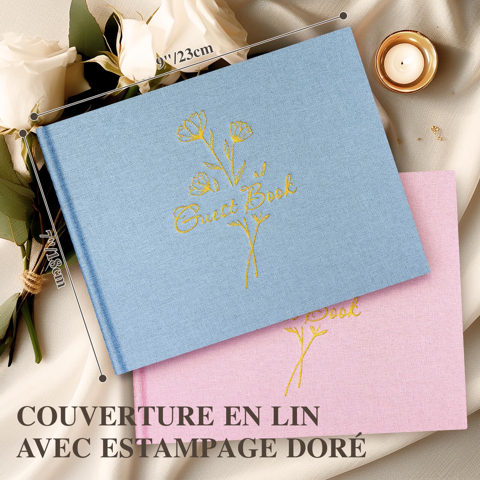 Livre d'or Mariage en Lin 108 Pages Vierges pour Anniversaire, EVJF, Noces, Baptêmes, Baby shower, Pacs (Bleu)