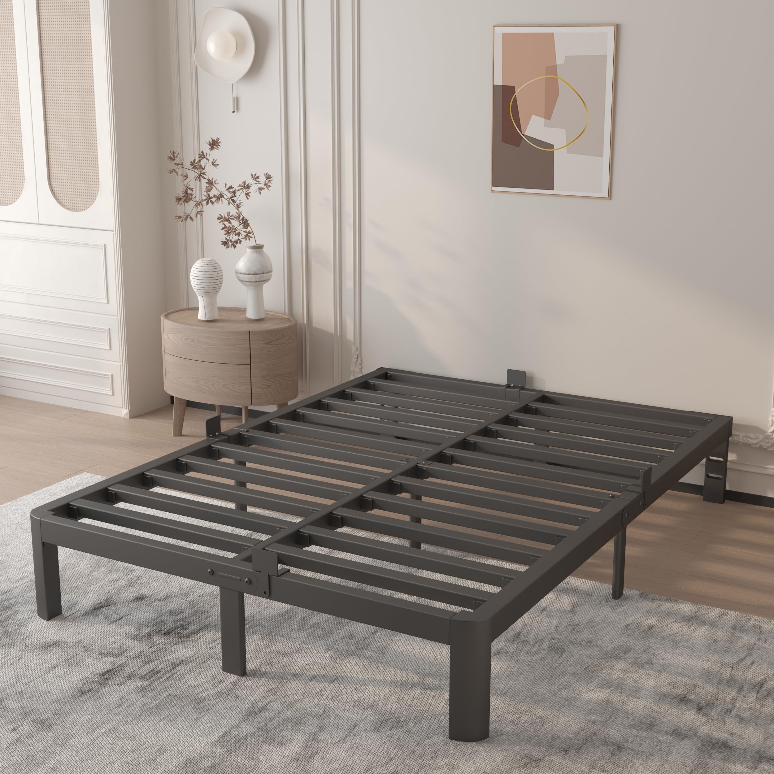 HQU 10 Inch Black Full Bed Frame, Metal Full Size Bed Frame with Baffles, Heavy Duty Steel Support, No Box Spring Needed, Storage Space, Reserved Holes, Round Corner Design, Easy Assembly, Noiseless
