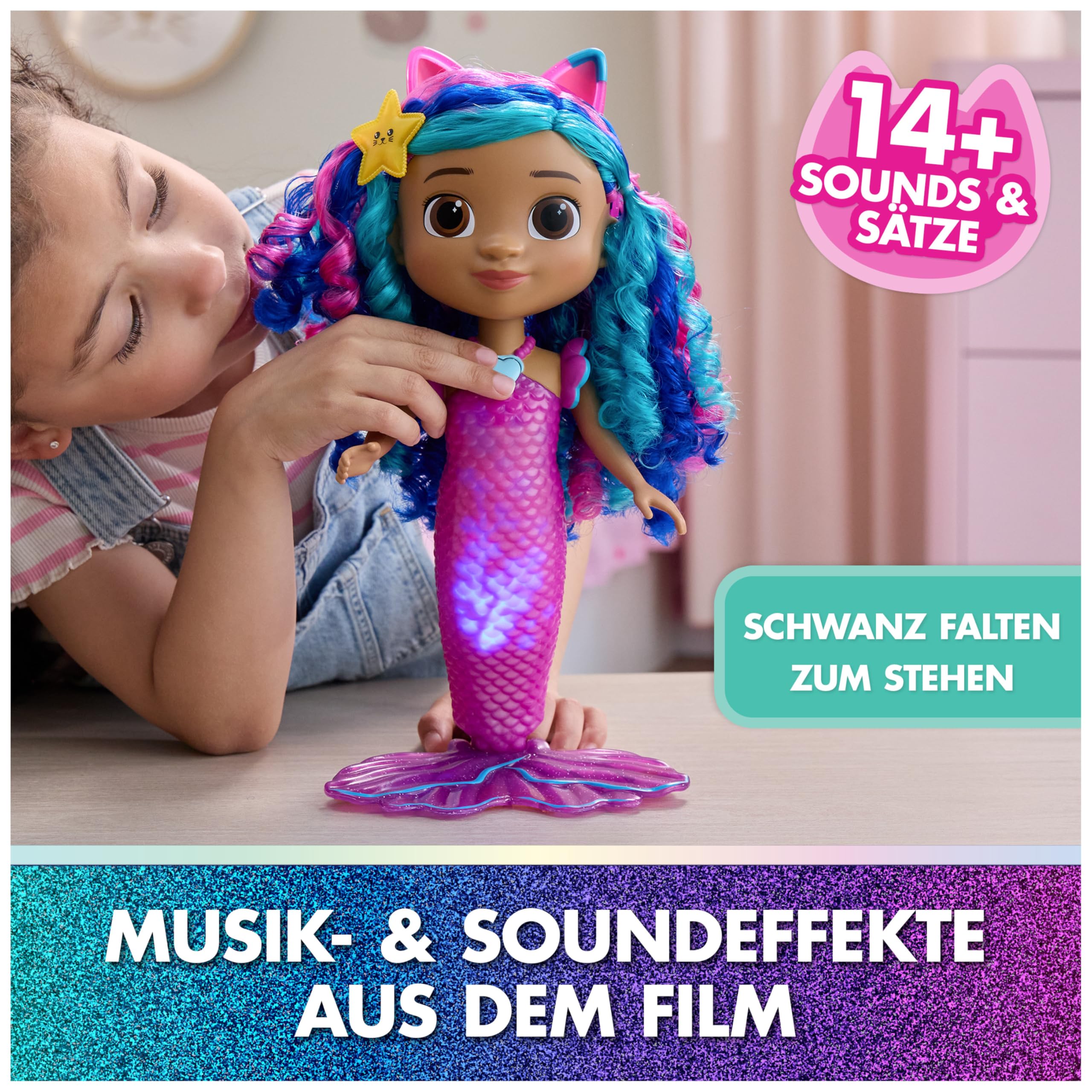 DreamWorks Gabby's Dollhouse – Sing & Shine Meerjungfrau Gabby, 35 cm große Puppe mit Licht- und Soundeffekten, spricht Deutsch, für Kinder ab 3 Jahren