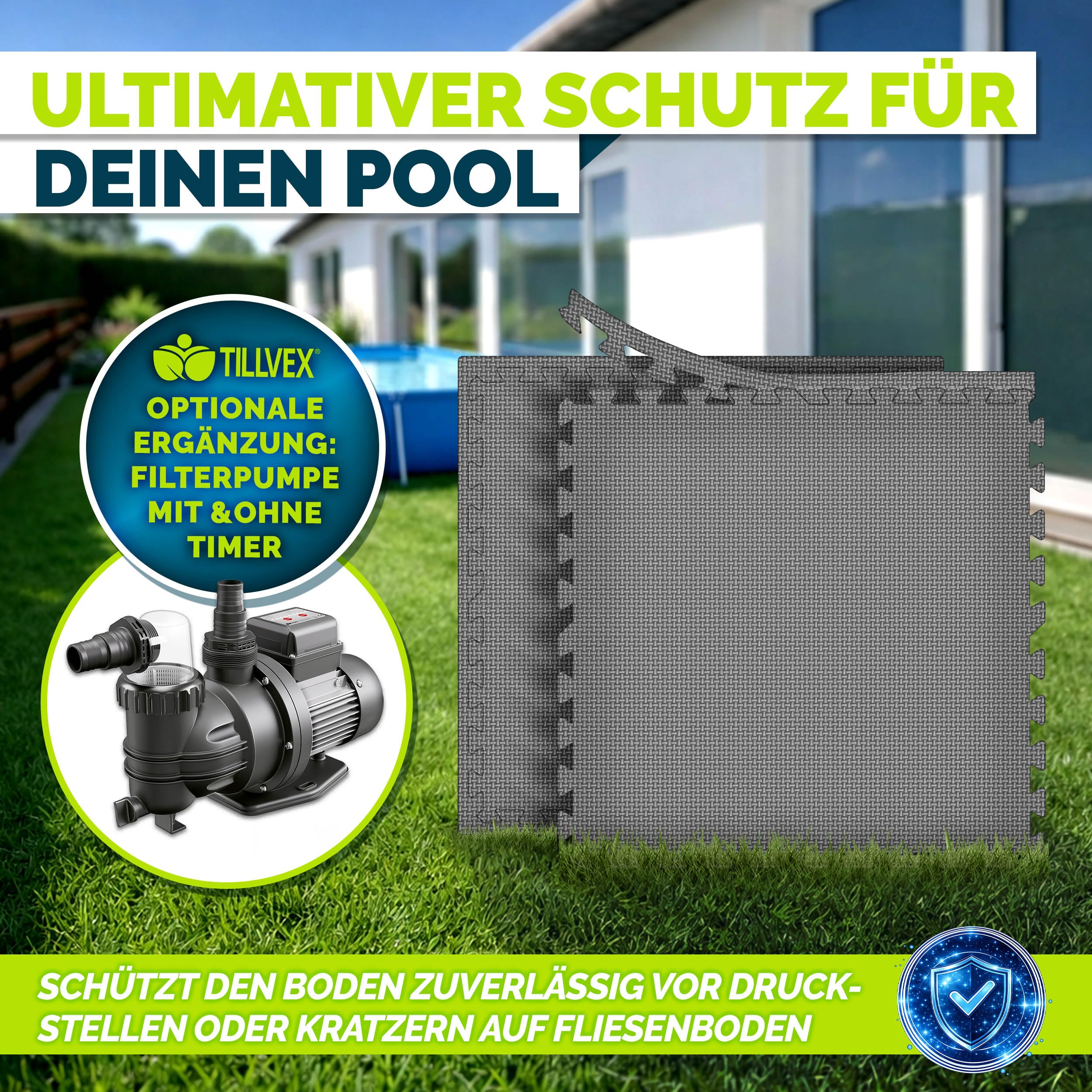 tillvex® Pool Bodenschutzmatte 8 Stück 62,5x62,5cm | Unterlegmatte 1 cm Dicke für Pool Planschbecken & Whirlpool | Poolmatte Bodenmatte Outdoor | Poolunterlage Bodenschutz Matten wärmeisolierend