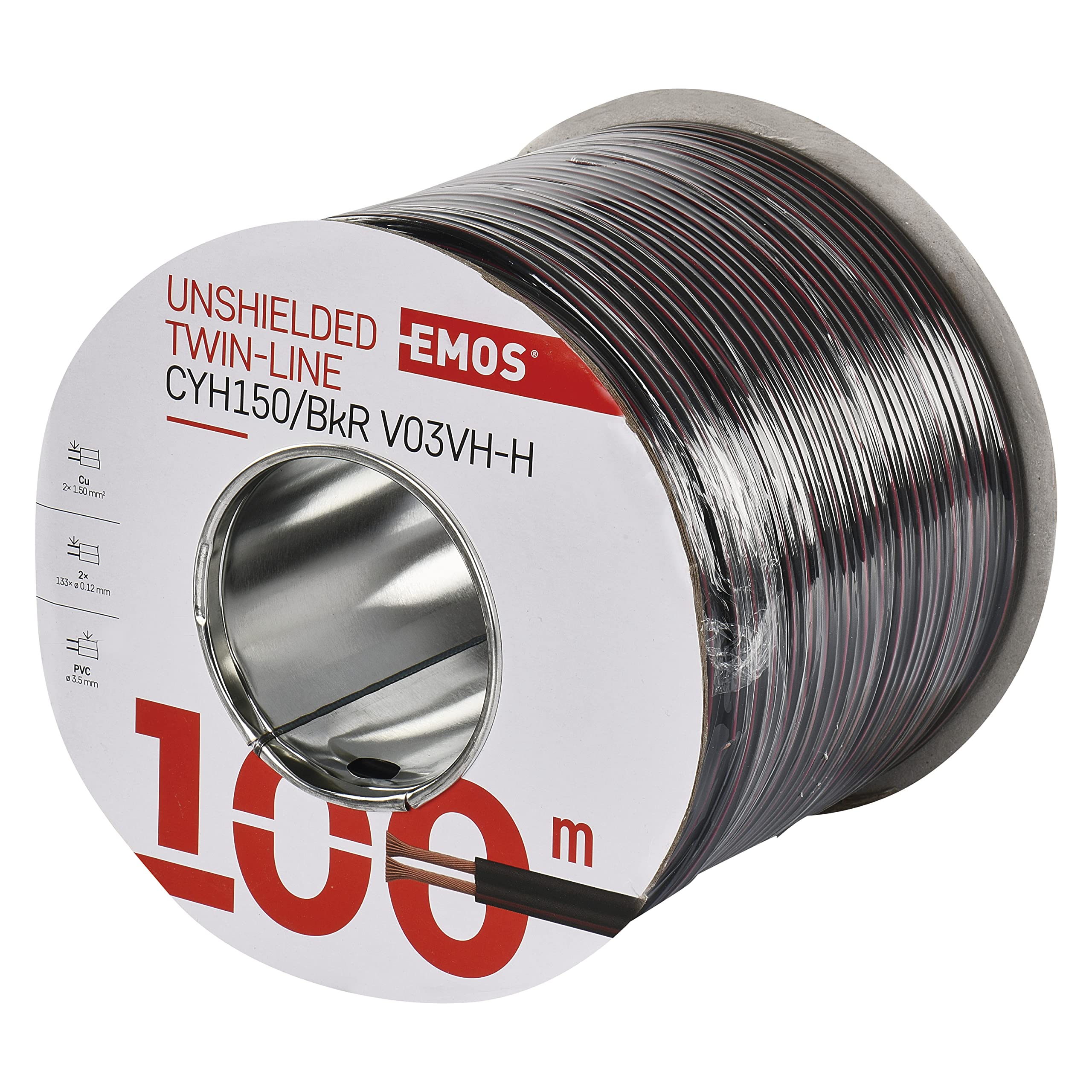 EMOS S8290 Kupferkabel 2 x 1,5 mm2, 100 Meter Zweidrahtleitung aus reinem Kupfer für Niederspannung, schwarz mit Polaritätskennzeichnung