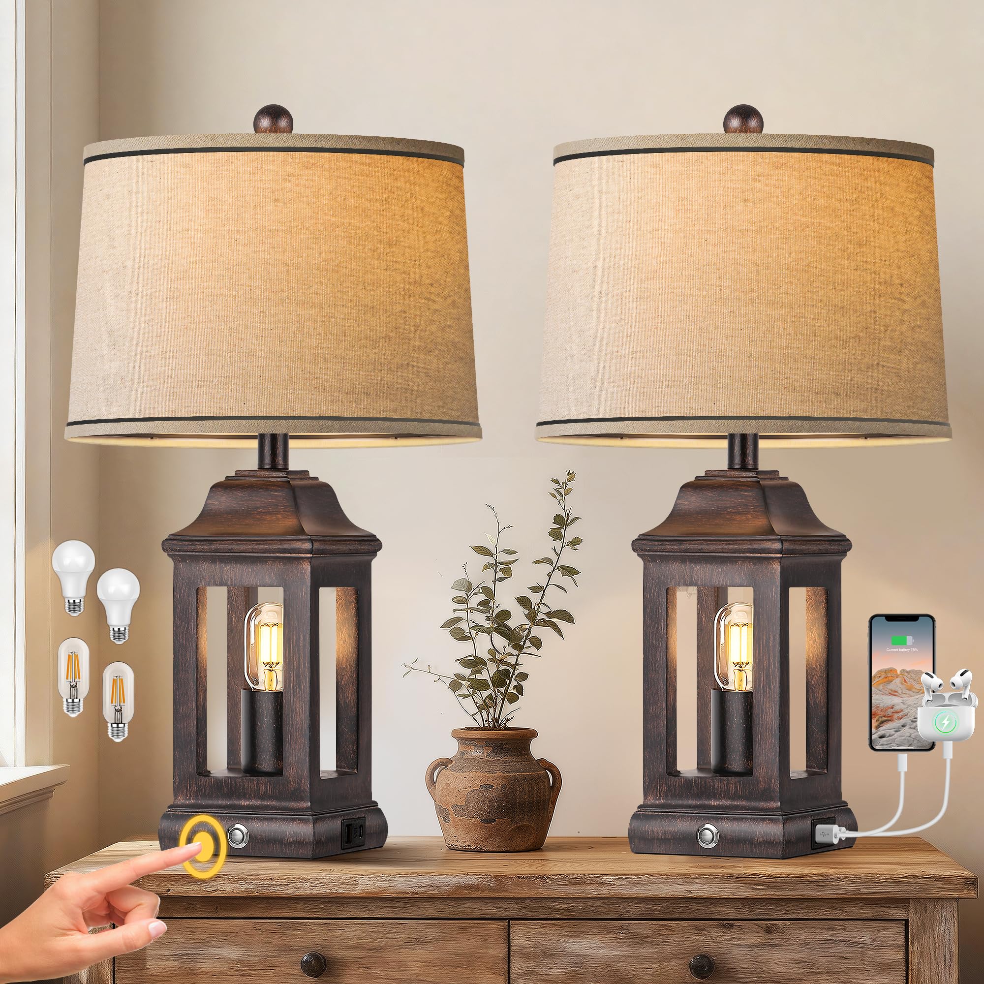 24 inch Rustic Farmhouse Table Lamps for Living Room Set of 2 with Touch Dimmable Nightlight