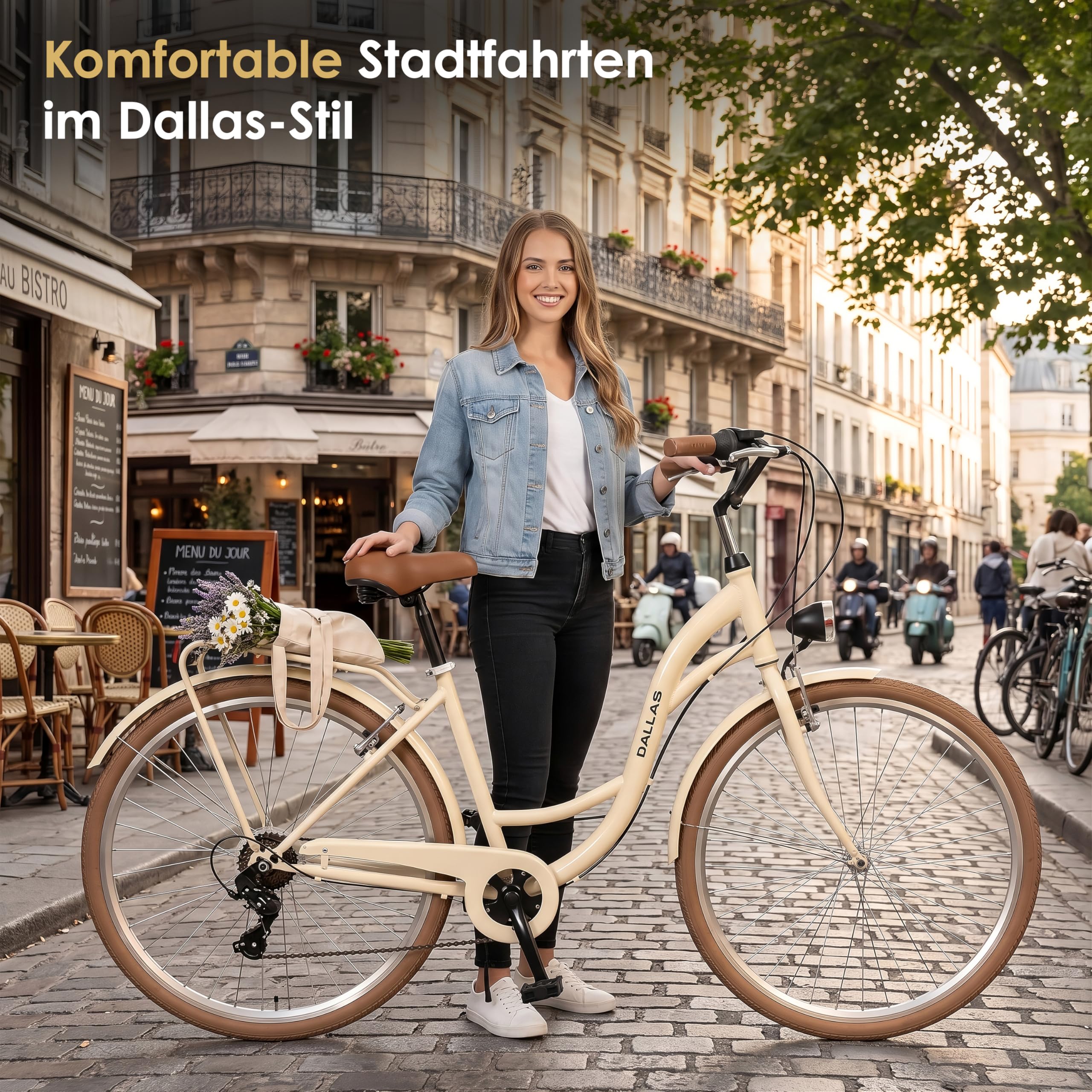 Fahrrad 26 Zoll - Bequemes Cityrad für Damen und Herren - mit 7-Gang Shimano Schaltung - Komfortabler Tiefeinsteiger für Stadt und Pendler - Dallas City - Creme, Braune