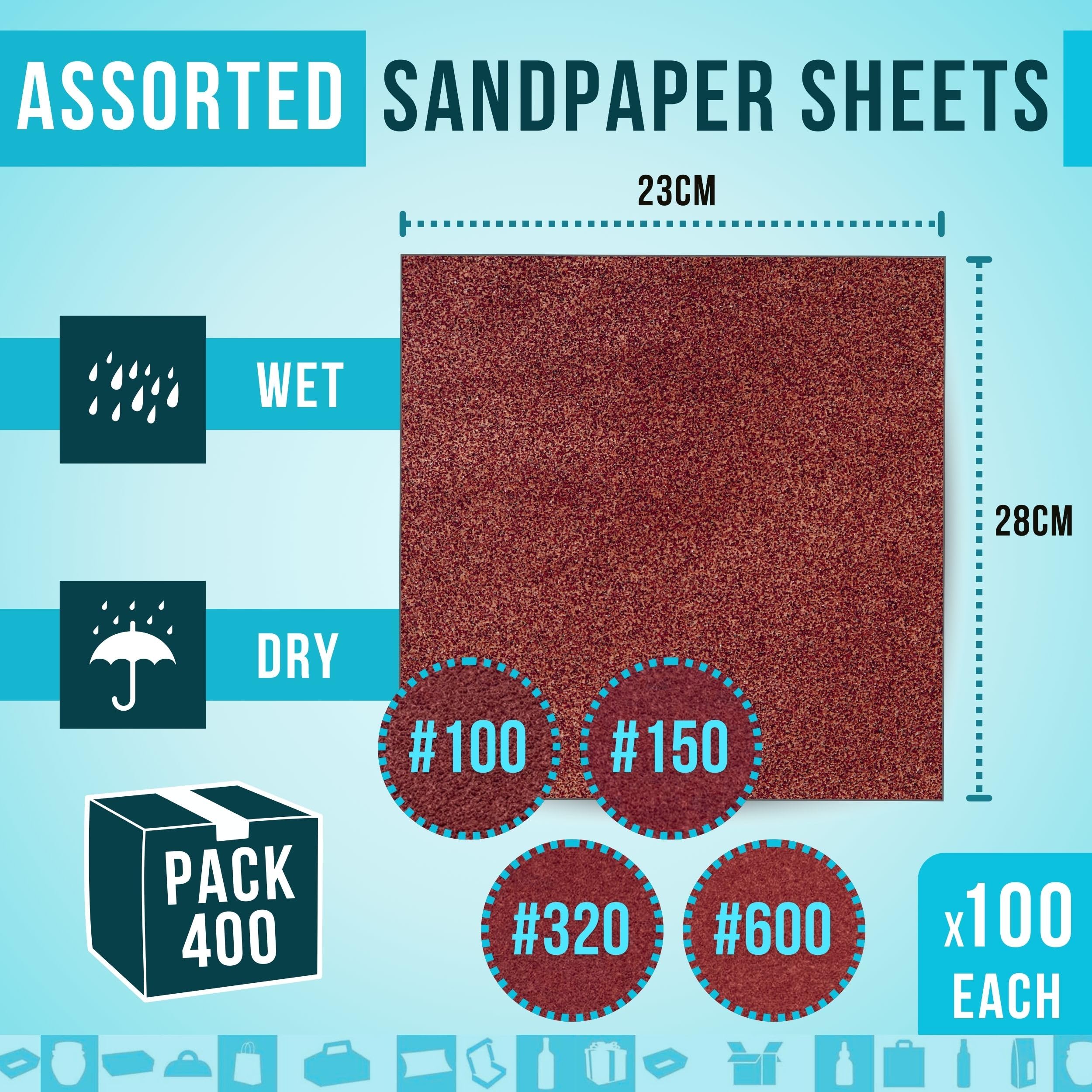 400 hojas abrasivas, papel de lija 280 x 280 mm (100, 150, 320 y 600 Grit) – 100 hojas de cada – Papel de lijado, papel abrasivo de óxido de aluminio – Madera y metal – para lijar