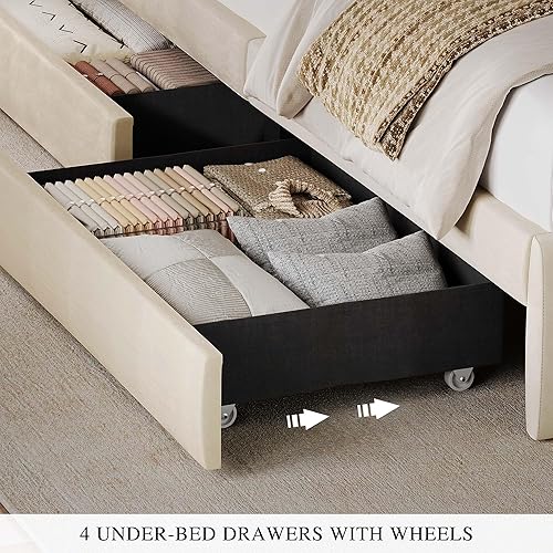 Miniatura 6 de DWVO Base de cama de tamaño matrimonial con cabecera ajustable, 4 cajones de almacenamiento y estación de carga, marco de cama tapizado de