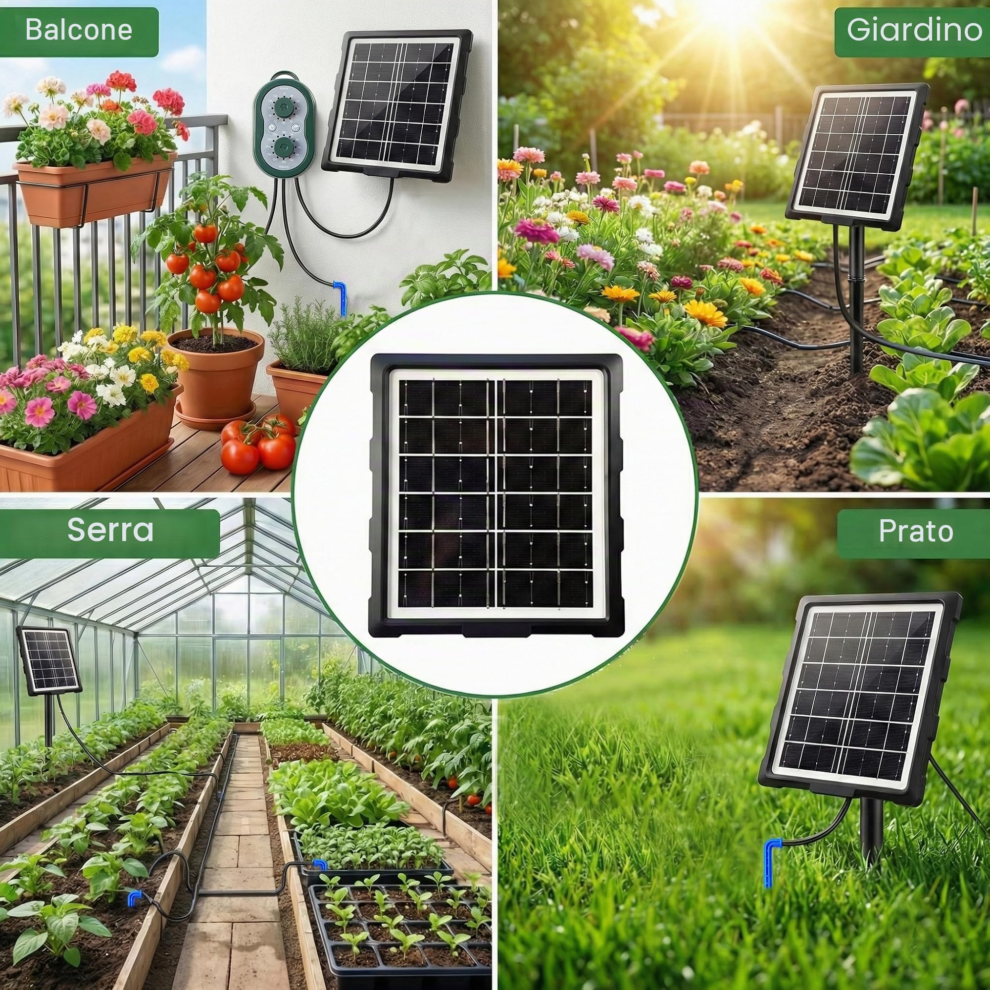 Sistema di irrigazione solare per vasi da fiori, sistema di irrigazione automatico con ricarica USB, dotato di tubo flessibile da 15 m e modalità di irrigazione personalizzate, adatto per giardini