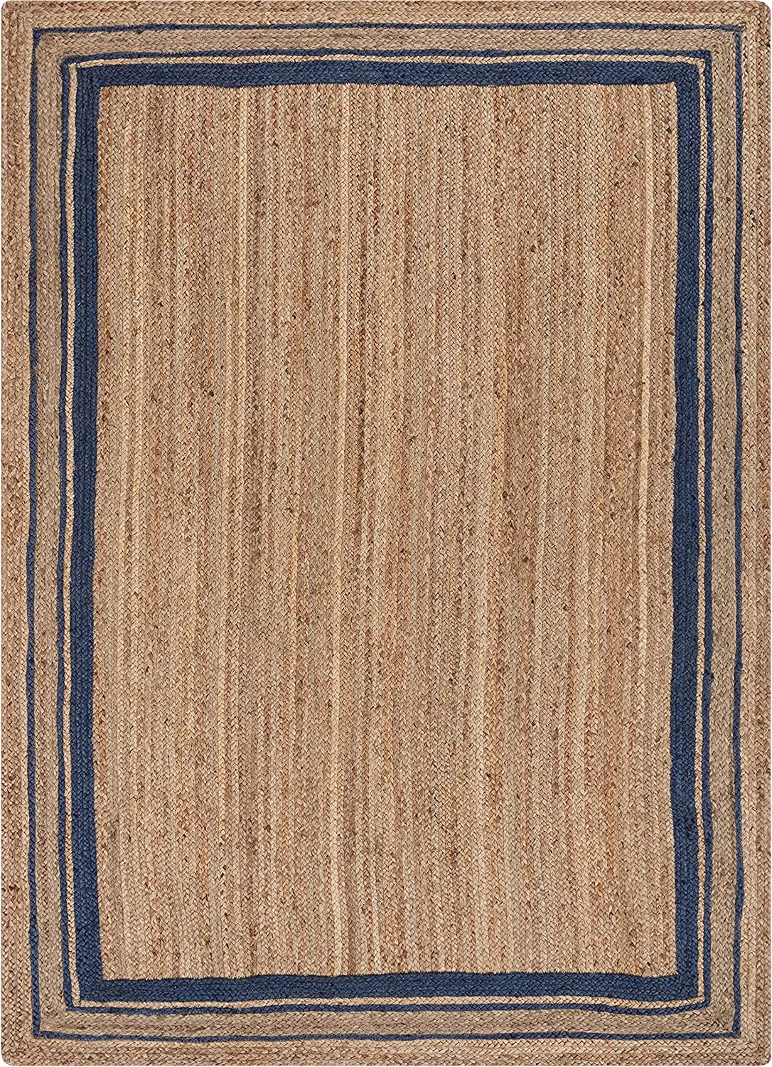 Ripaz Tapis carré tissé à la Main avec Ligne Bleue en Jute Naturelle tressée pour Salon (150 x 150 cm)