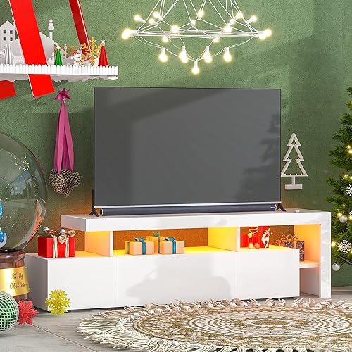 Modern TV Stands with 16 Colors Changing LED Lights, 3 Storage Cabinet and DVD Shelves, High Gloss Table for TV Up to 70", Living Room Bedroom, White