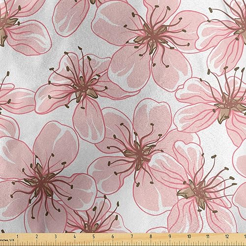 Ambesonne Japanese Fabric by The Yard, Spring Blossoms Petals Flora in Pastel Tones Boho Sakura Design, Decorative Satin Fabric for Home Textiles
