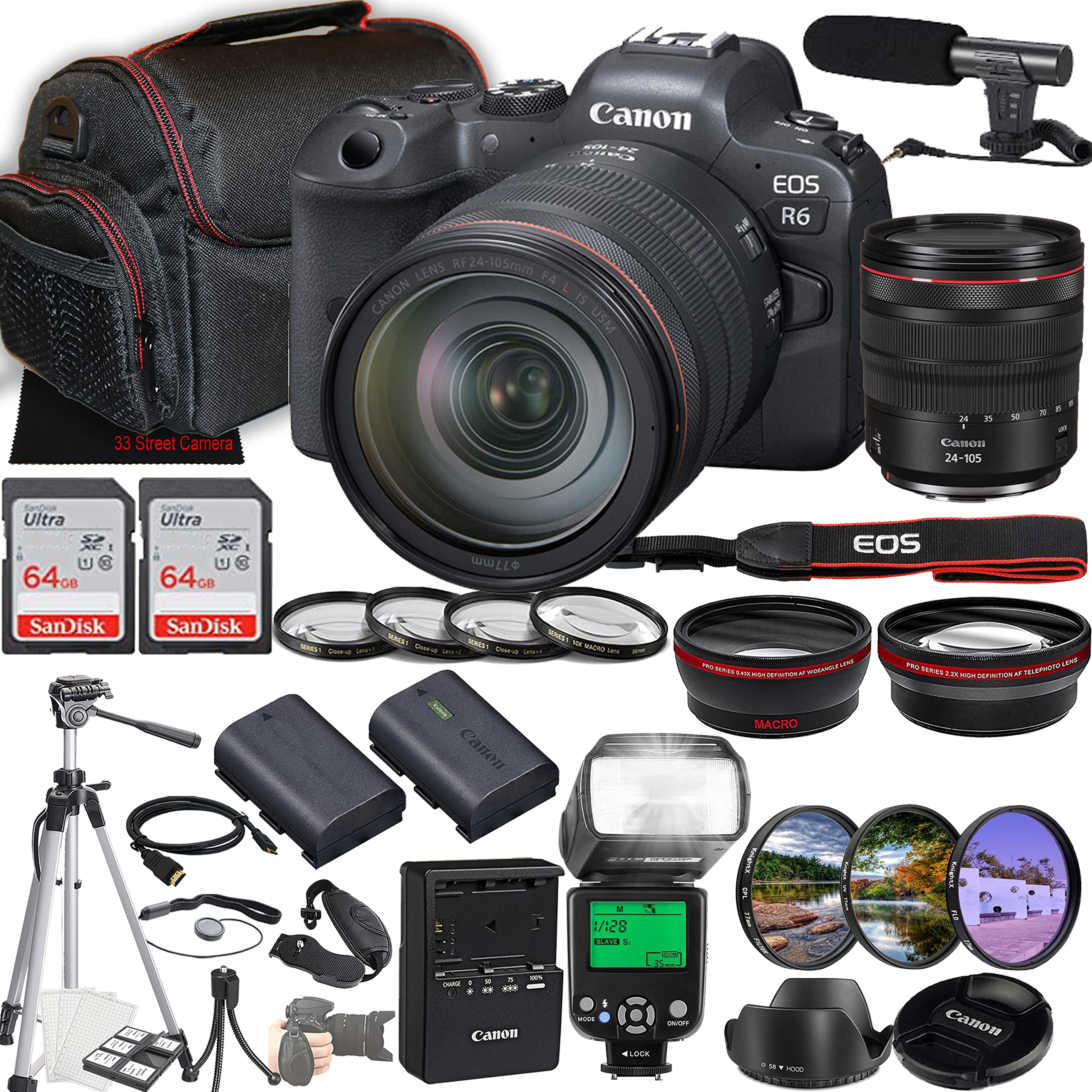 Canon EOS R6 Mirrorless Camera w/RF 24-105mm f/4 L is USM Lens + 2X 64GB Memory + Microphone + Filters + TTL Flash + More (35pc Bundle)