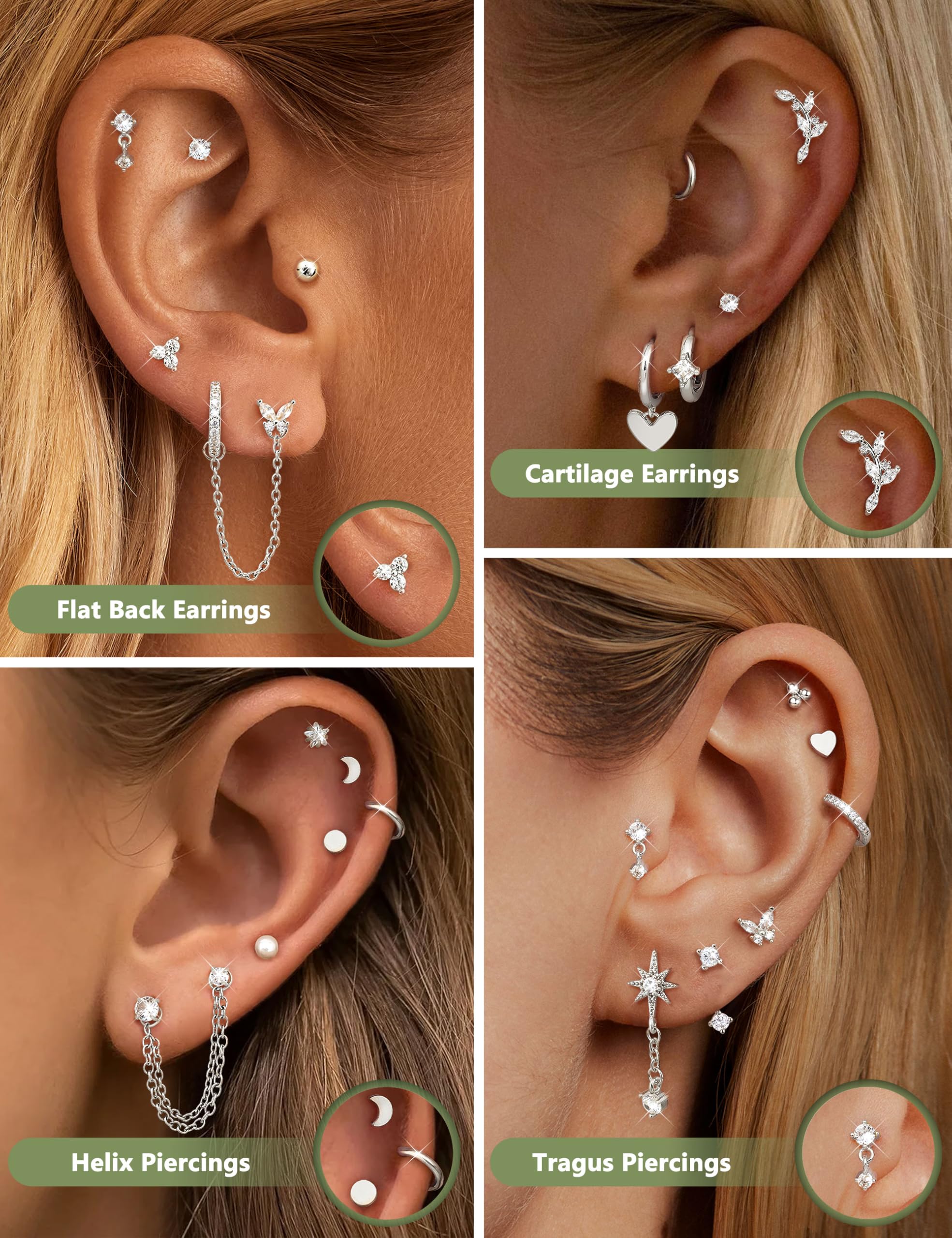 CASSIECA 21Pcs Orecchini Donna Acciaio Chirurgico Piercing Orecchio Orecchini Anallergici Donna Piercing Helix Trago Ipoallergenica Multi Piercings