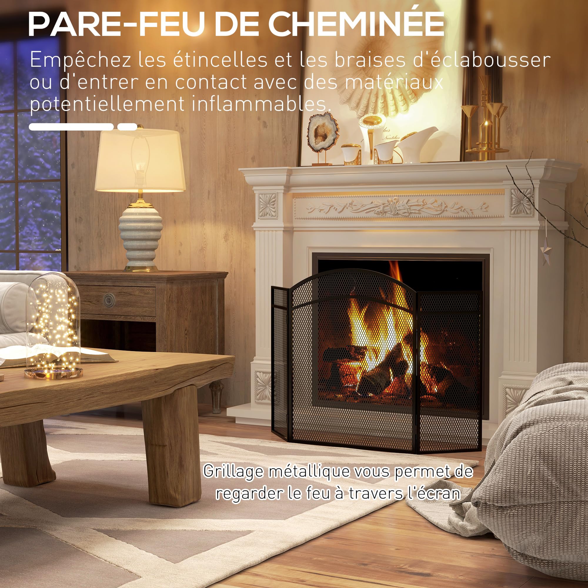 HOMCOM Pare-feu cheminée Pliable 3 Panneaux, Grille de Protection en Maille avec Motif Chevron, 96x60 cm, Métal Noir