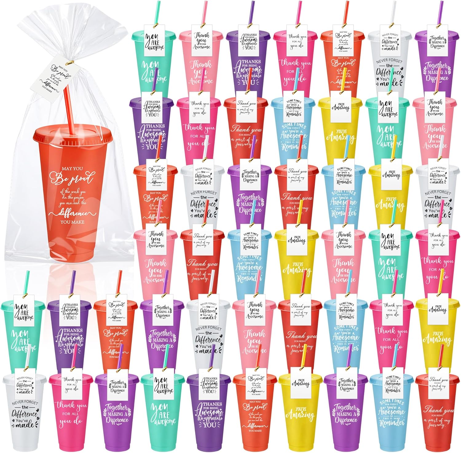 Tioncy 50 Set Employee Appreciation Gifts Bulk Team Thank You Cups with Lids and Straws Plastic Tumblers 24 oz for Coworker Social Worker Office Staff Nurse Doctor Teacher(Awesome,Multicolor)