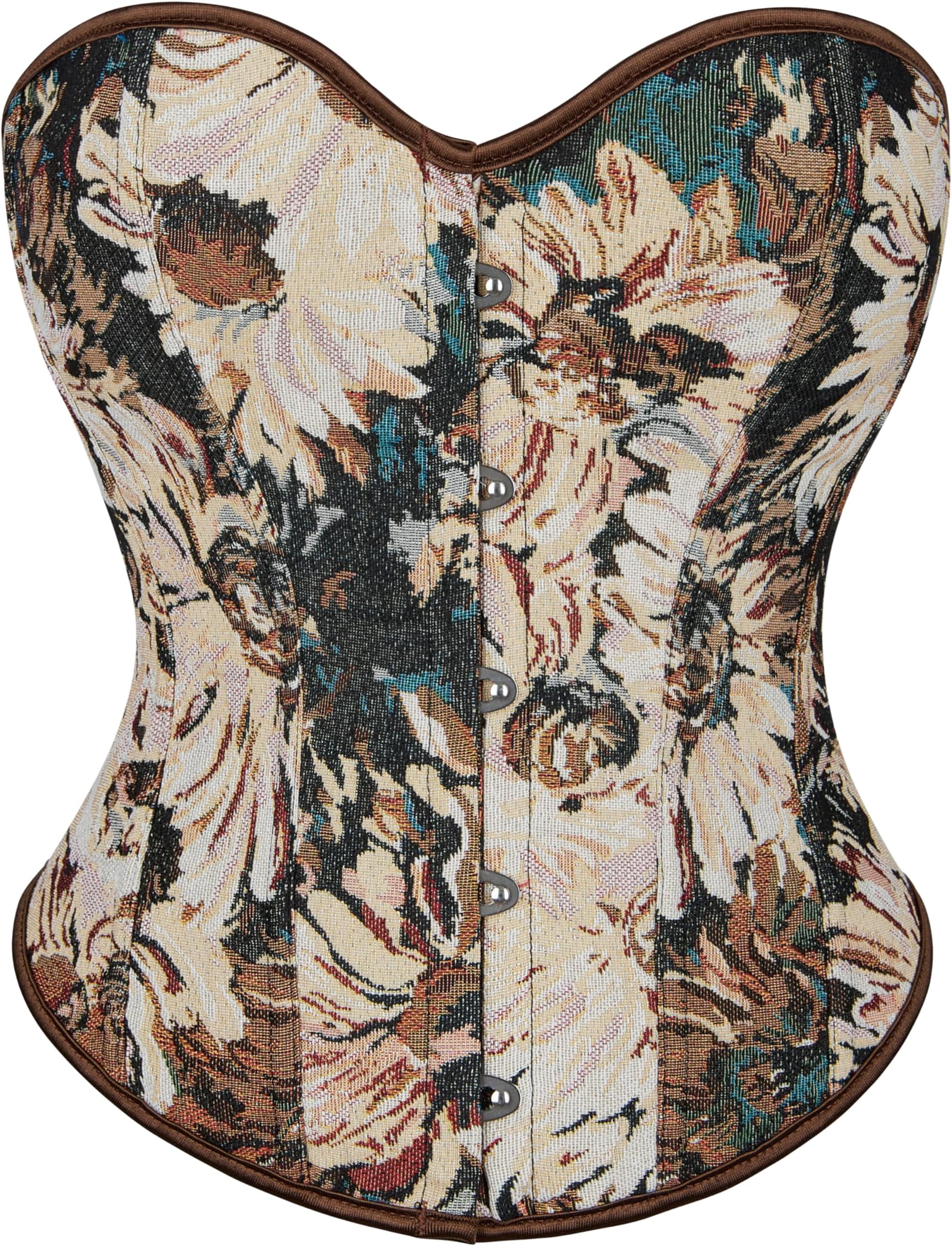Women's Sexy Satin Corset-Bustier Floral Print Boned Overbust Corset Top Black Satin Waist Cincher