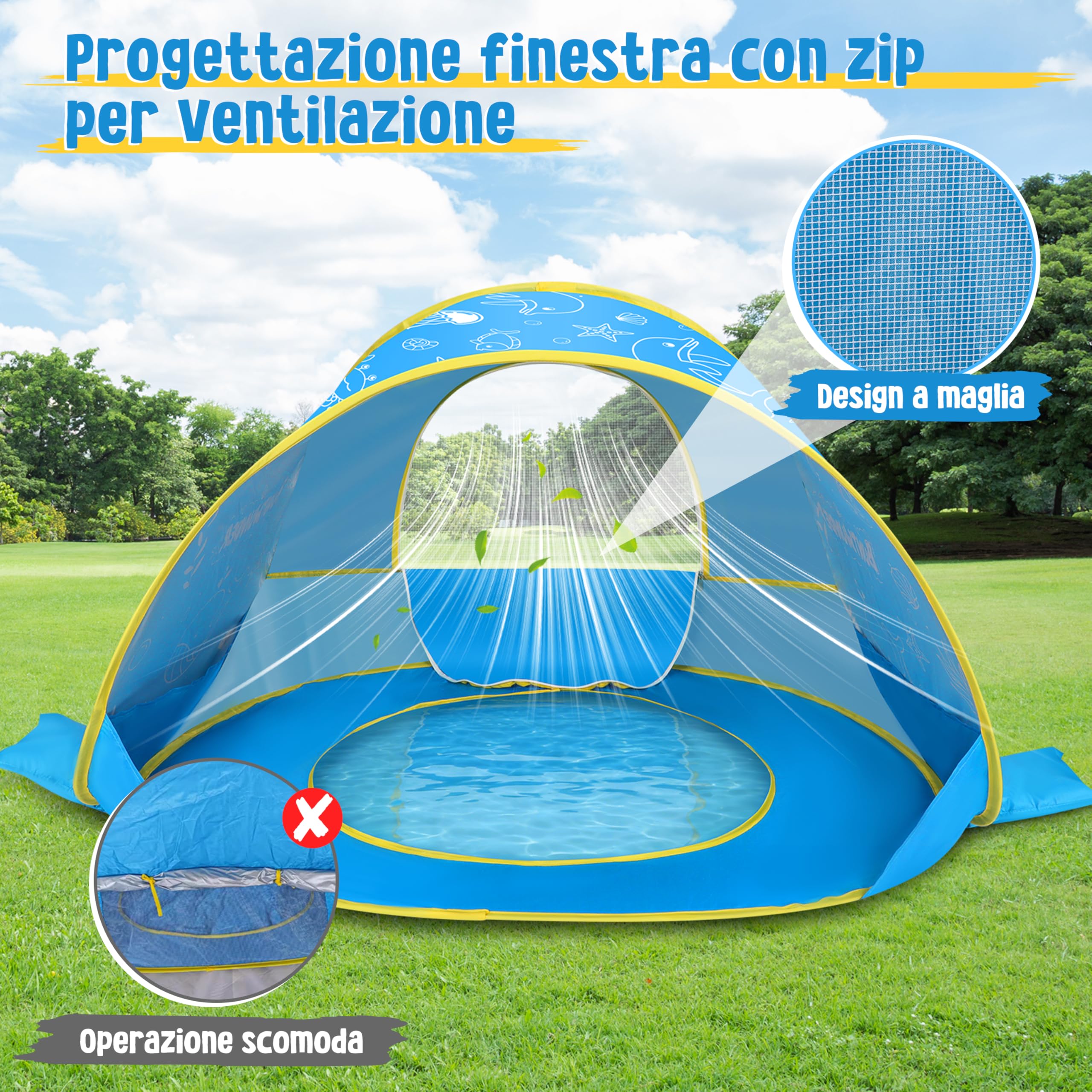 JONRRYIN Tenda da Spiaggia Bambini Pop-Up, Tenda Spiaggia con Mini Piscina, Tenda da Spiaggia Portatile Protezione Solare UPF 50+, Ideale per Viaggio in Spiaggia Campeggio (Blu)