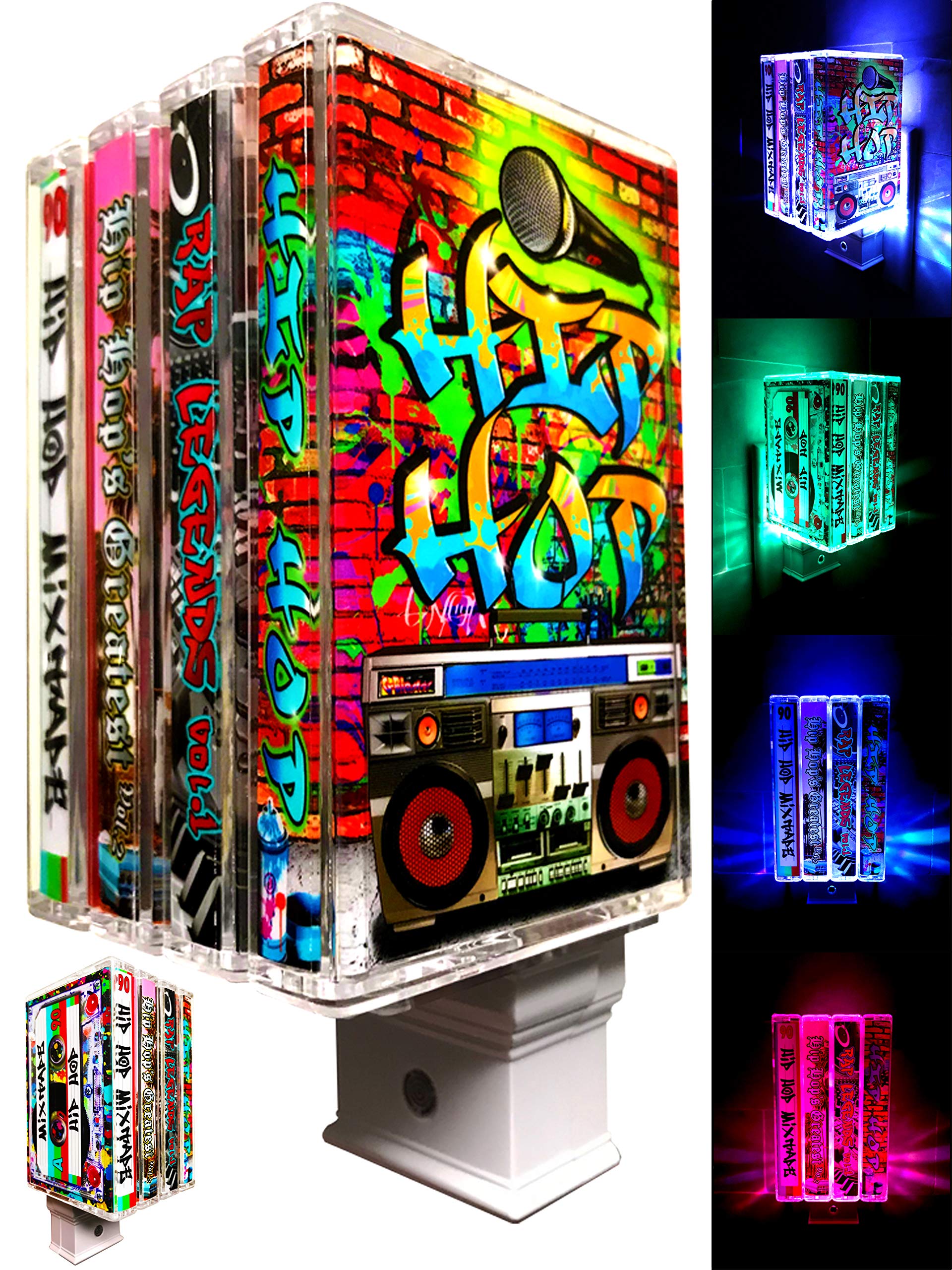 Hip Hop Home Decor Night Light - Retro Cassette Tape Design with a Modern Elegant Light Base - Hip Hop Decor - Color Changing Urban Art Graphics -Hip Hop Themed Cassette Art- Hip Hop Wall Art