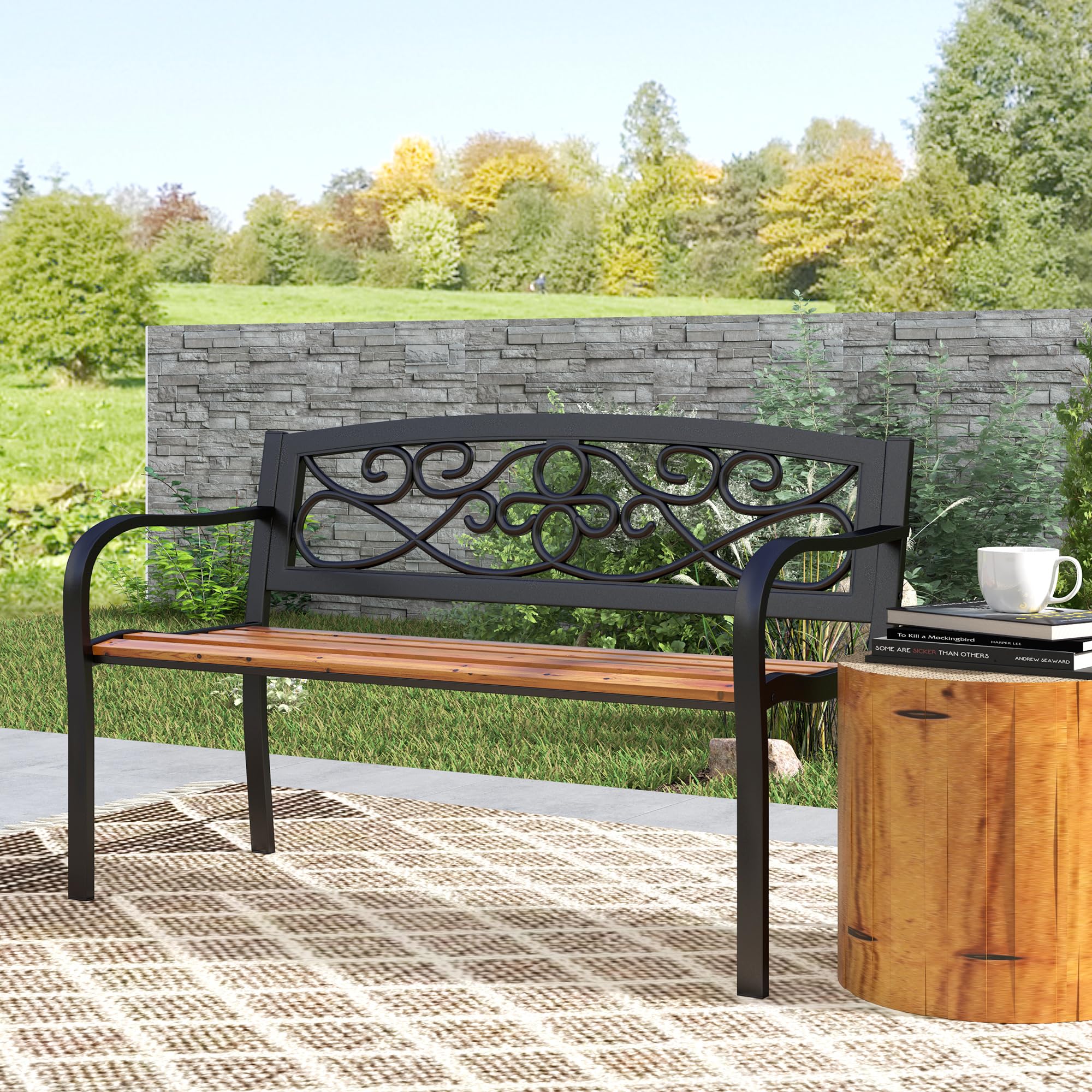 Outsunny Banco de Jardín Exterior de 2 Plazas Banco de Exterior con Asiento de Madera y Marco de Acero para Patio Terraza 127x56x80 cm Negro y Natural
