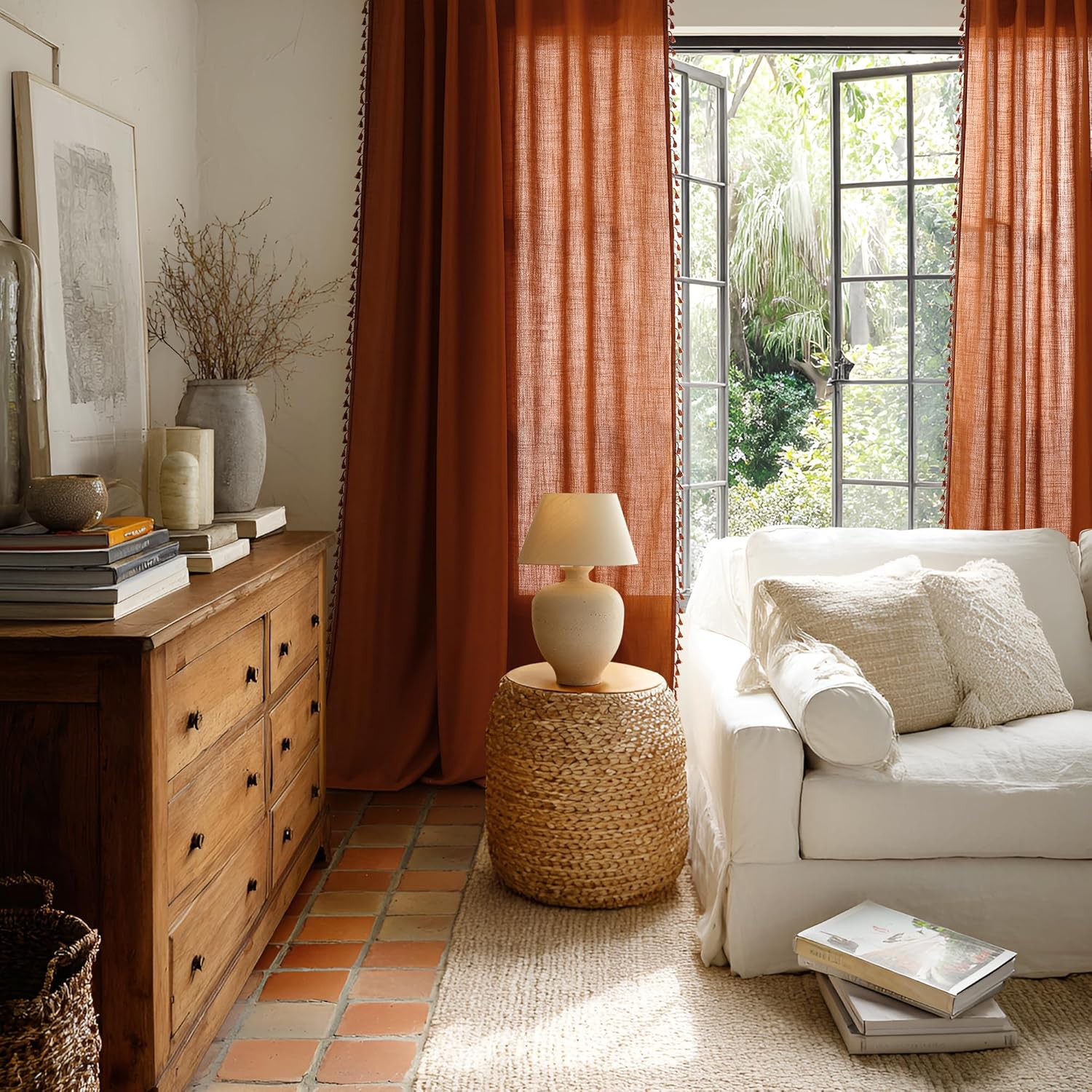 SMABU Terracotta Boho Linen Curtains 84 Inches Long 2 Panels Set, Light Filtering Semi Sheer Drapes with Back Tab & Rod Pocket, Tassel Decor for Bohemian Farmhouse Living Room, Bedroom, 52x84
