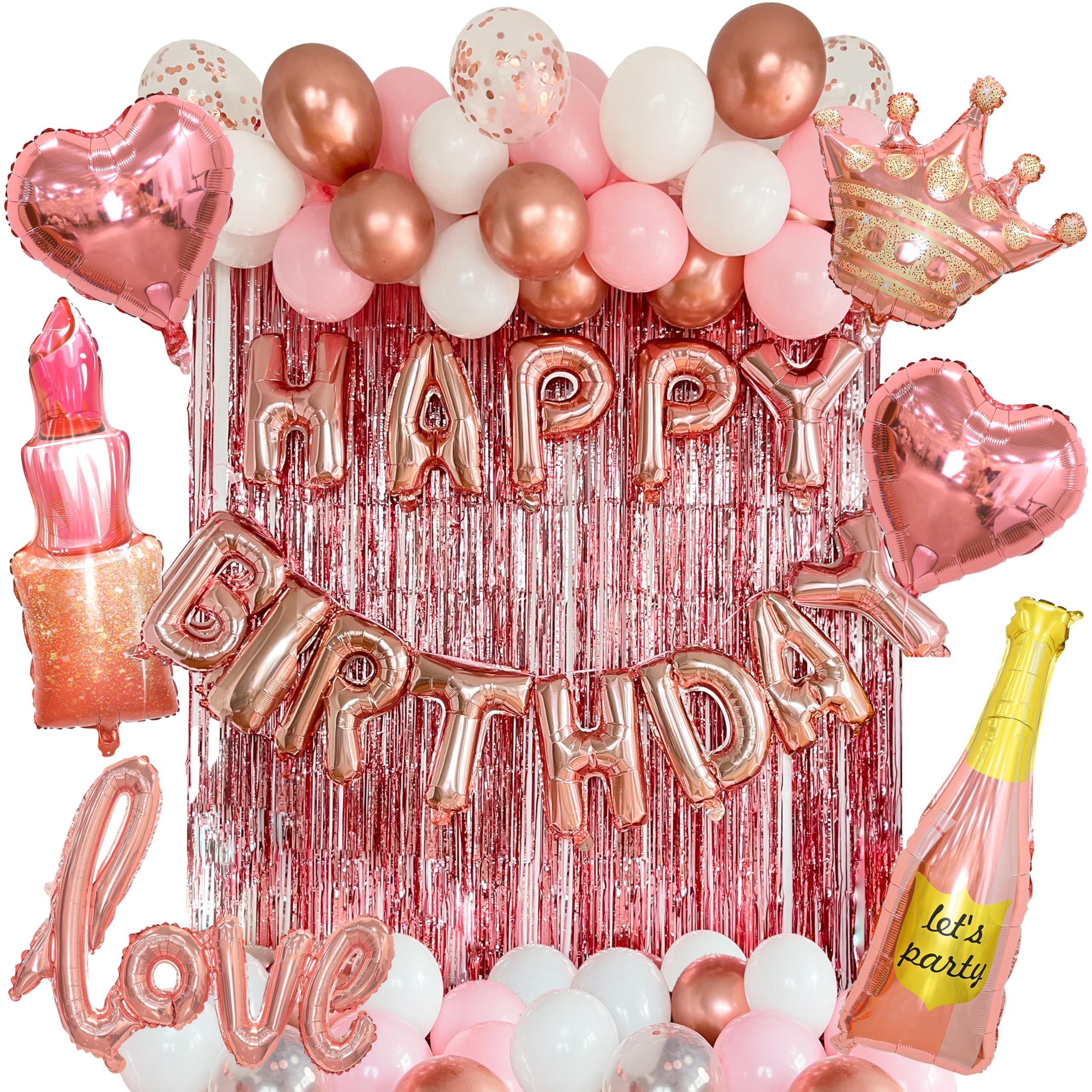 VIDAL CRAFTS 71-Piece Rose Gold Birthday Decorations - Party Backdrop with Latex, Foil & Confetti Balloons, Happy Birthday Banner & Rose Gold Foil Fringe Curtains [UPGRADED]