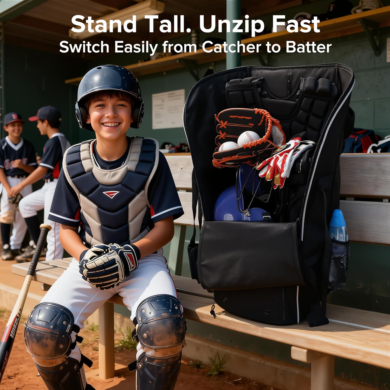 Catchers Gear Bag with Wheels, Large Rolling Baseball Equipment Bag for Helmet, Bats, Cleats and Catcher Gear, Durable Polyester for Youth and Adults, Black