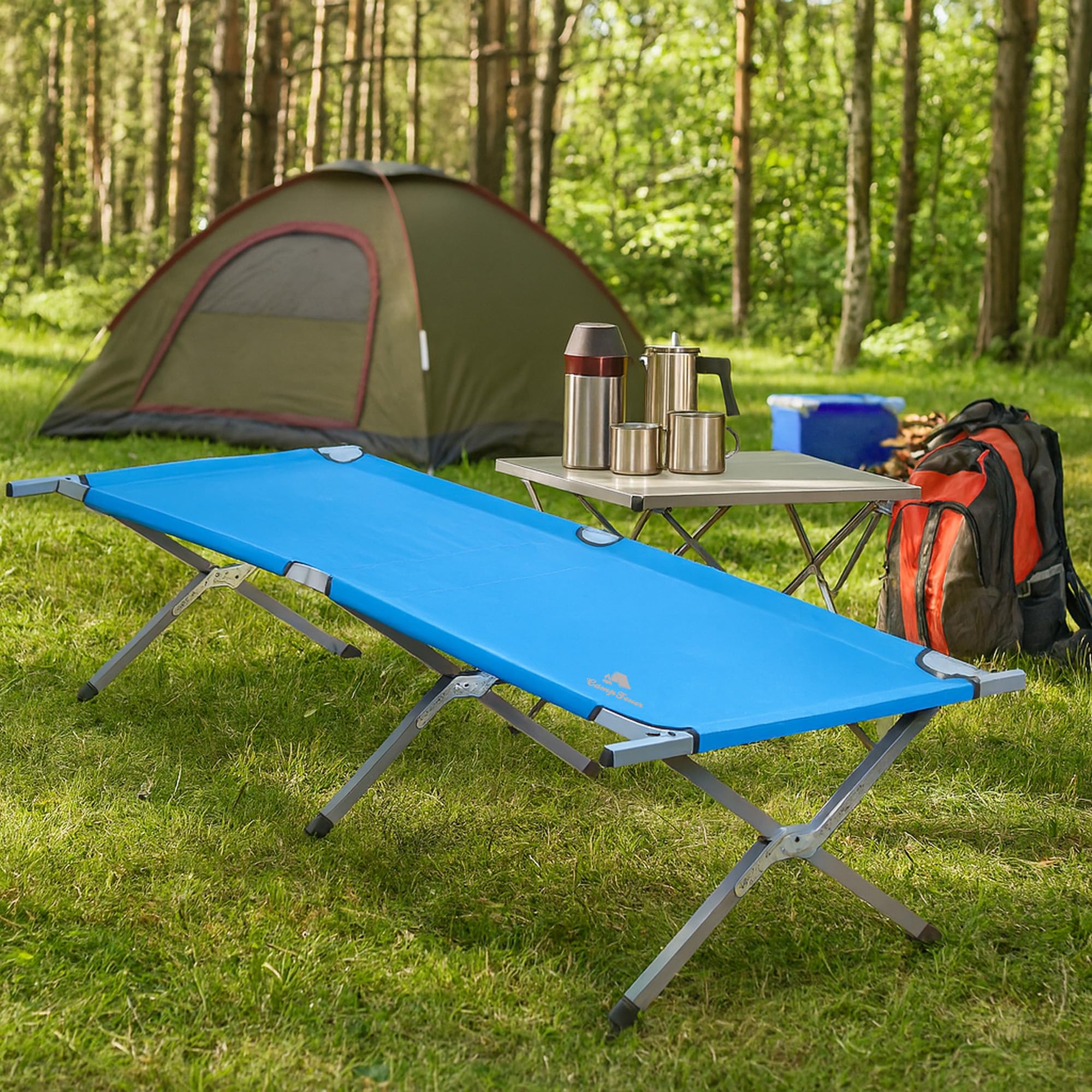 CampFeuer łóżko kempingowe XXL z torbą do przenoszenia | niebieskie | aluminiowy leżak kempingowy | składany leżak | stabilny leżak polowy | leżak do ogrodu, tarasu lub balkonu | łatwe rozkładanie