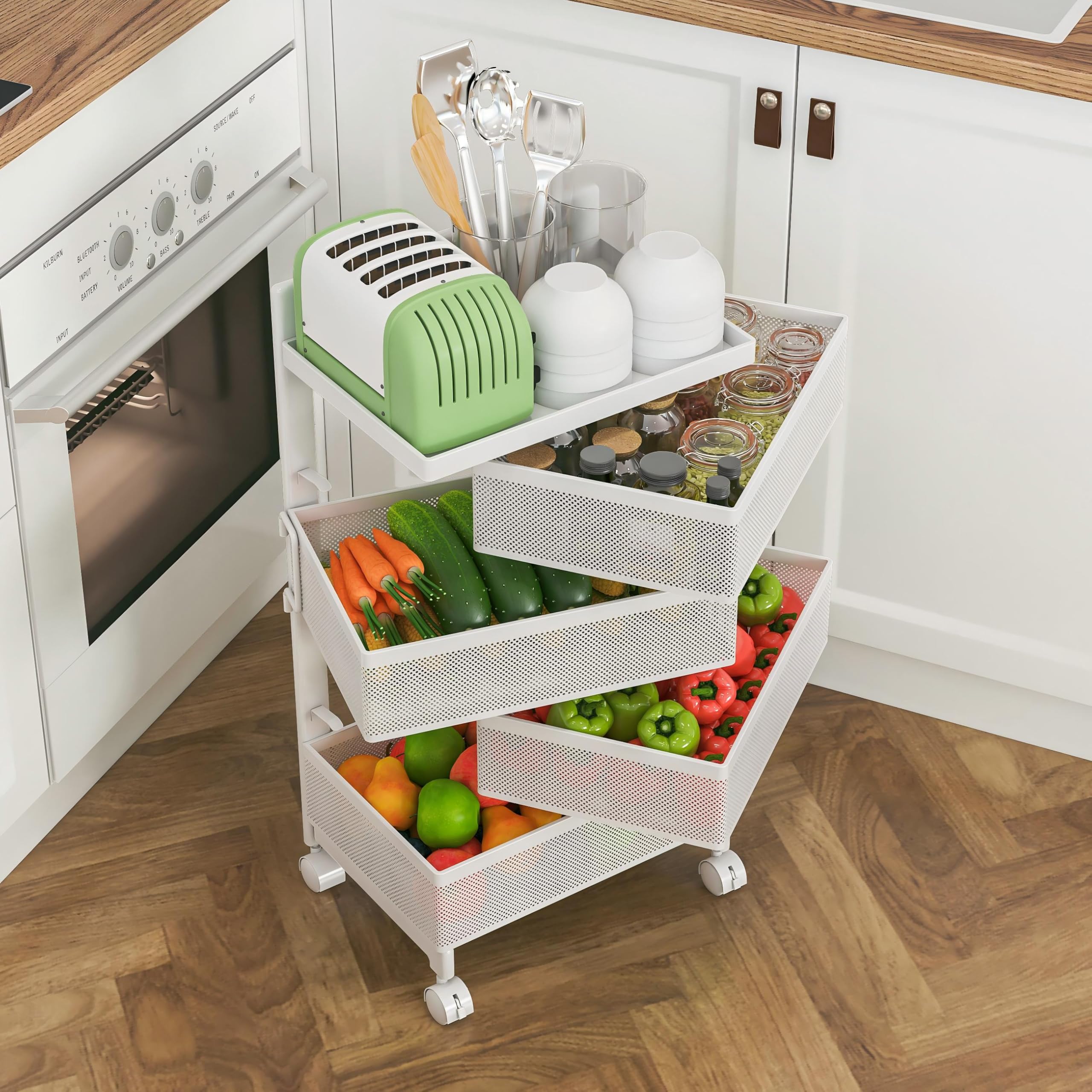 xinyourui Fruit Basket for Kitchen No Assembly 4-Tier Rotating Storage Rack, Vegetable Storage Cart，Bathroom Shelf,Storage Drawer Cart,Kitchen