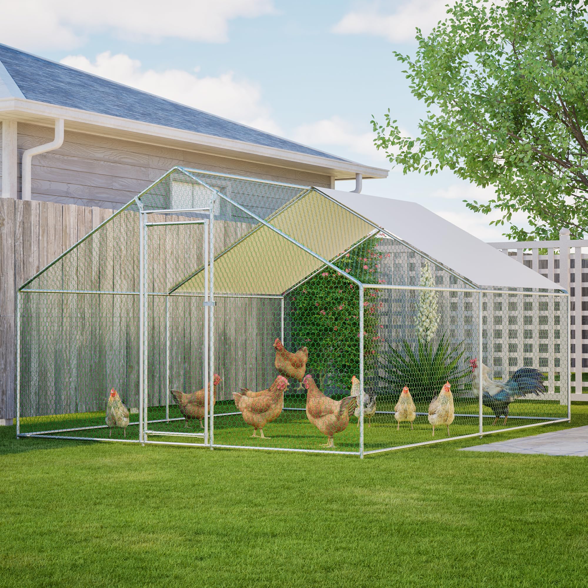 Aviario metálico de 3x4 m con Estructura de Escalada integrada, Techo y Cerradura de Seguridad. Gallinero Resistente a la Intemperie con un Amplio Corral para Animales pequeños y Aves de Corral.