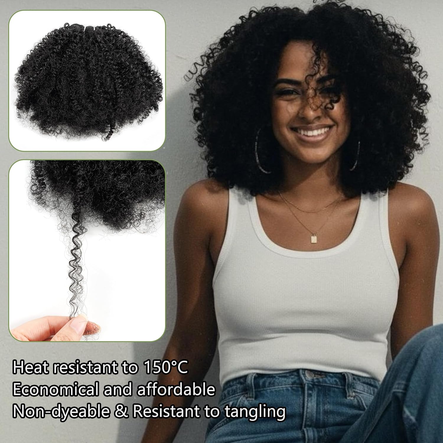 EV&ET Afro Kinky Curly Synthetic Hair Bundles 16 Inch 6 Pieces/Pack Natural Black Soft Heat Resistant Hair Weave Sew in Extensions for Women (Afro kinky #1B, 16 * 6)