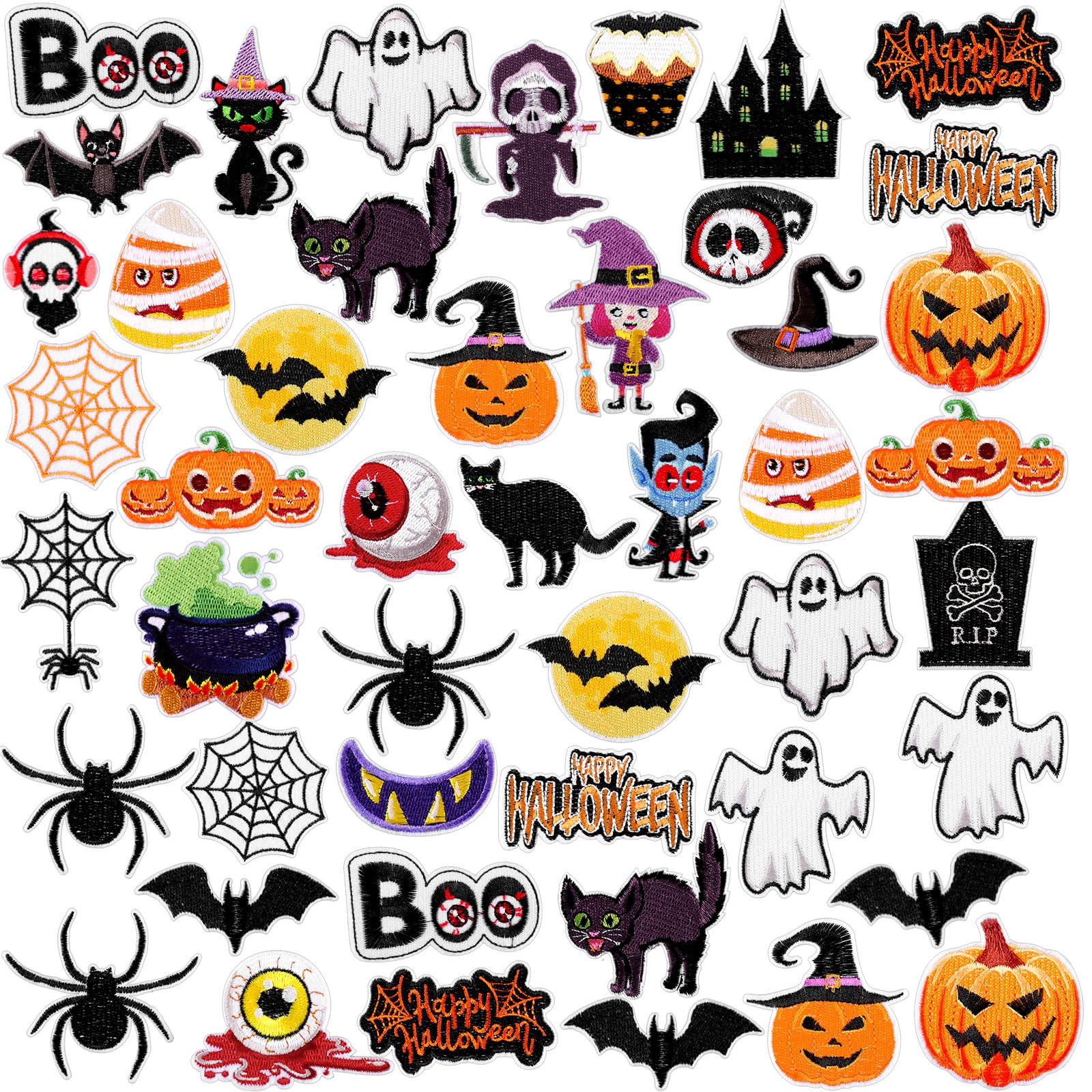 Écussons brodés Halloween citrouille chat sorcière : patch thermocollant pour loisirs créatifs