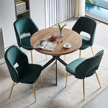 Homedot Round Dining Table Set for 4, Natural Wood Grain Dining Table MDF Easy Clean with Durable Metal Legs, 4 PCS Comfortable Dining Chair Velvet Upholstered Chair for Restaurant,Guest Receptions