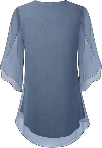 Miniatura 3 de SeSe Code Blusas con mangas 34 y volantes de malla para mujer, tops holgados y elásticos