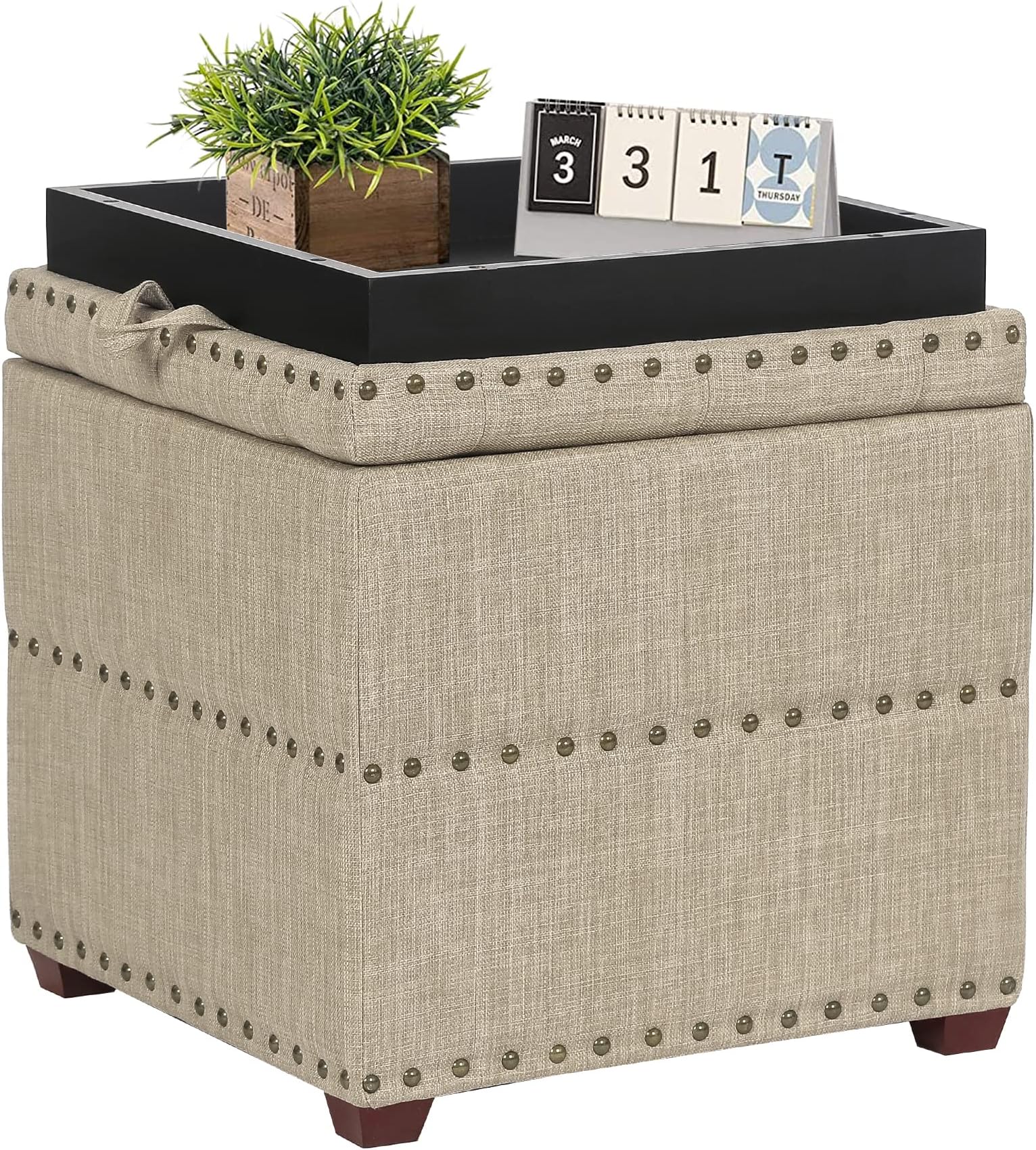 Adeco 18 Inch High Cube Ottoman Storage, Linen Beige Chair Foot Stools with Tray, Upholstered Vanity Stool with Solid Wood Legs