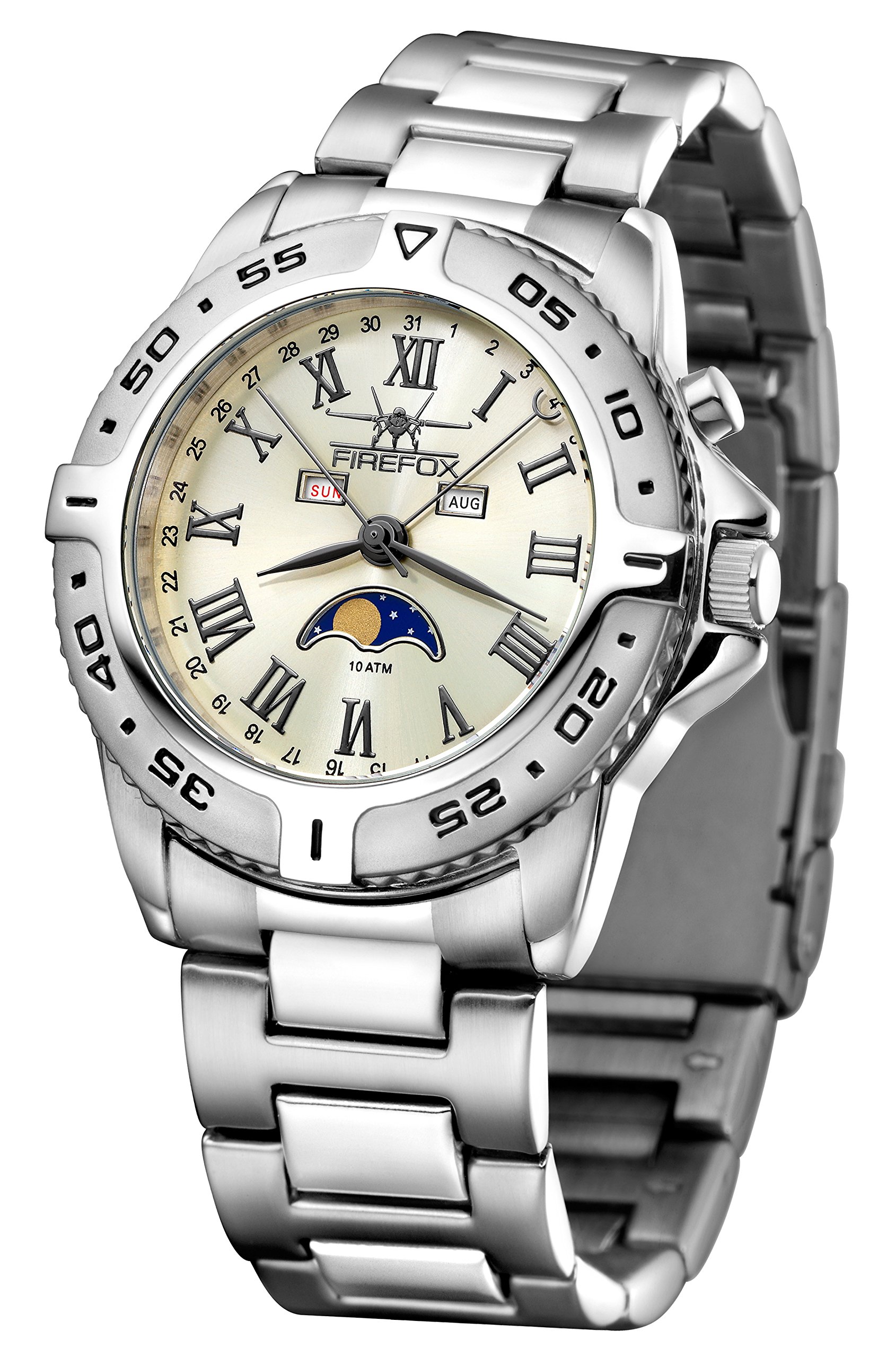 FIREFOX Mondphasenuhr FFS01-509 Sunray lemongras massiv Edelstahl Damenuhr Herrenuhr Armbanduhr Sicherheitsfaltschließe 10 ATM wasserdicht Miyota Kaliber 6P80