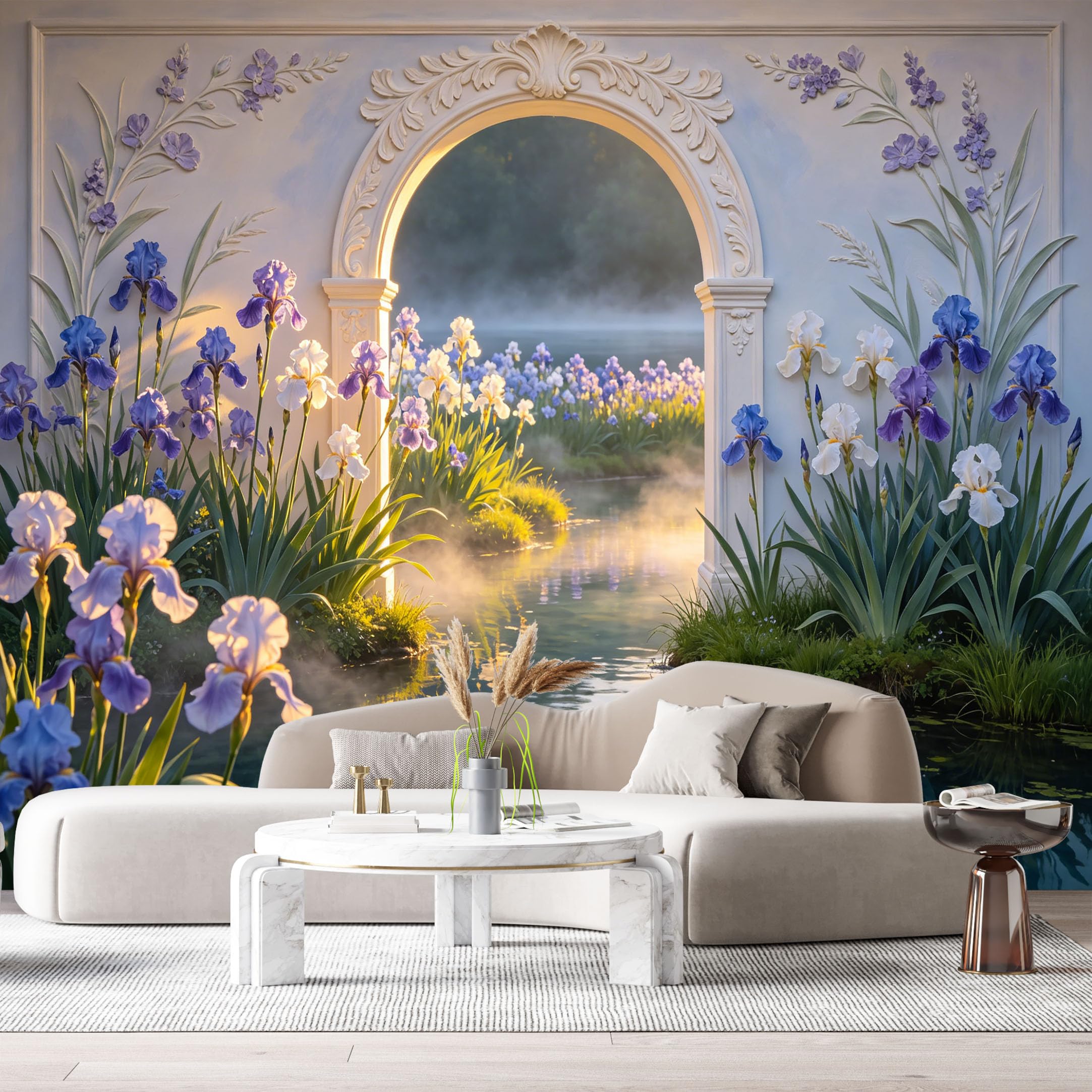 Custom Size Wall Murals Iris Flower Lake Archway 3D Trompe L'Oeil SelfAdhesiveWall Fabric Removable Wallpaper Wall Decor for Living Room Bedroom Bathroom