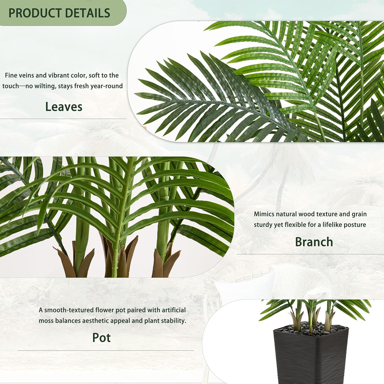 Artificial Palm Tree Indoor, 5FT Fake Floor Plants Large Tropical Silk Plant with Black Square Planter, Faux Areca Palm Plant Artificial Tree in Pot for Home Room Office Outdoor Patio Decor