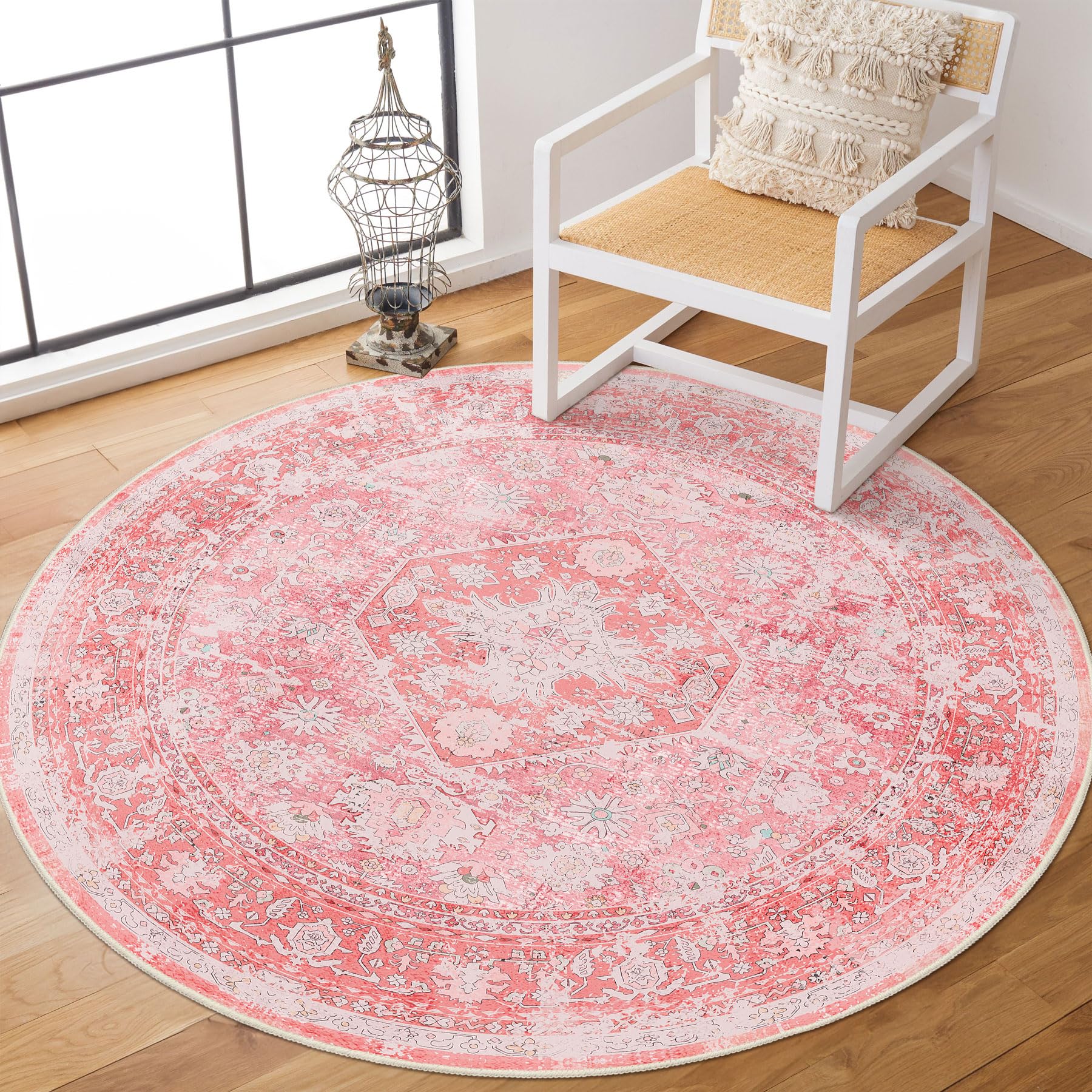 MUJOO Circle Rug 4ft,Pink Round Area Rug Washable,Girls Boho Circular Rugs for Bedroom Entryway Bathroom Living Room,Small Non Slip Throw Carpet Soft